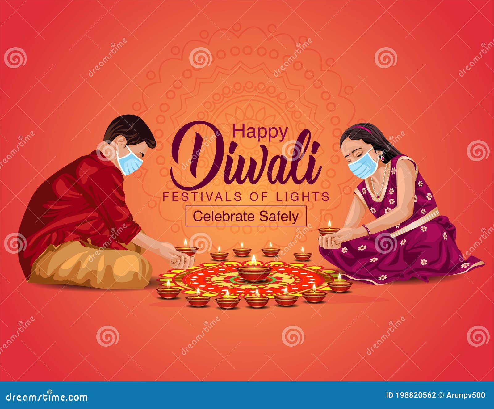 happy diwali greetings  .  of children`s making rangoli and diya decoration. covid corona virus