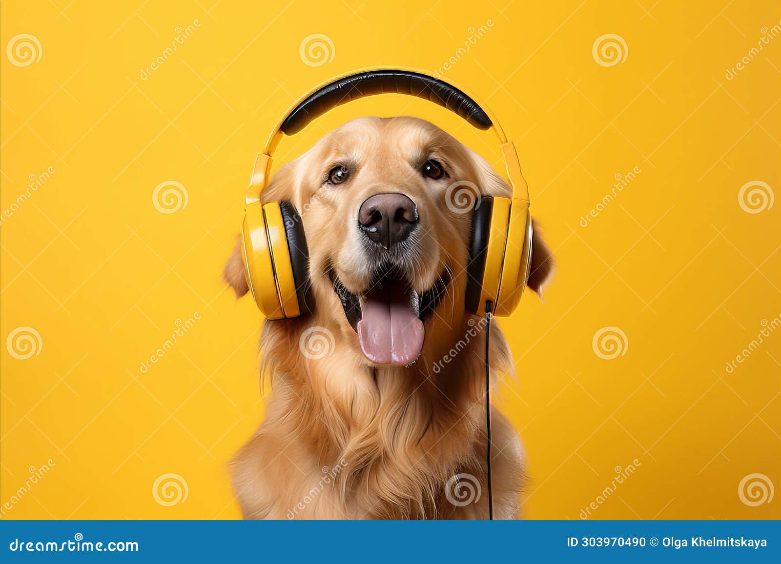 Happy DJ Dog Labrador Retriever in Headphones Listens To Music on