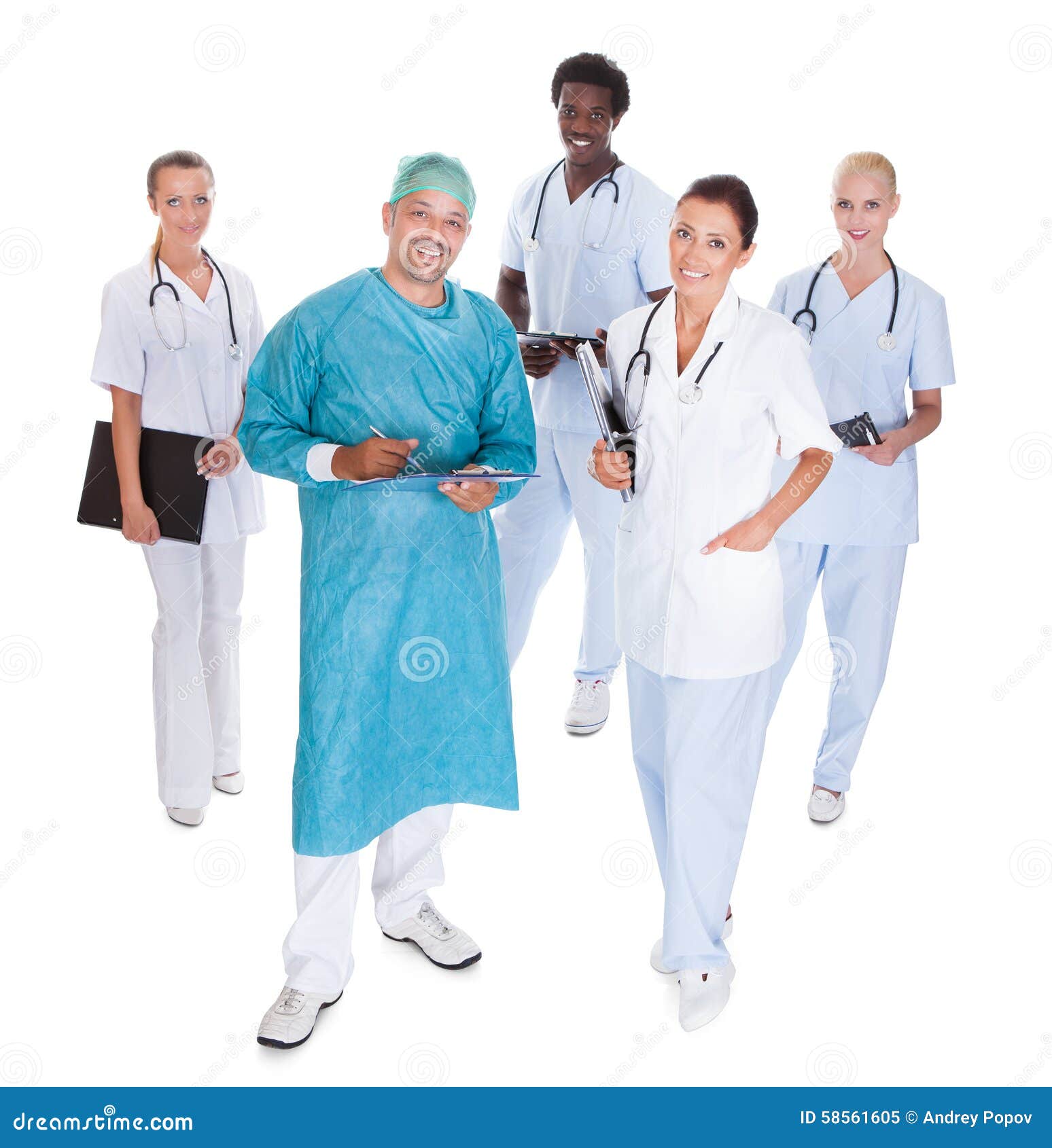 happy doctor in surgical gown with his coworkers