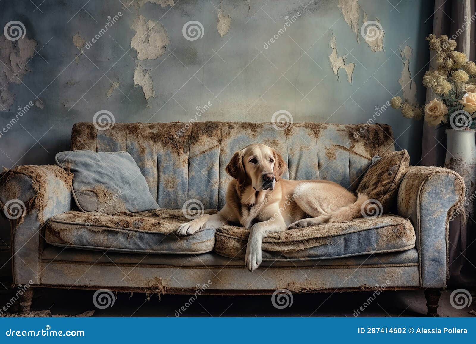 Happy dog on a ruined sofa stock illustration. Illustration of house