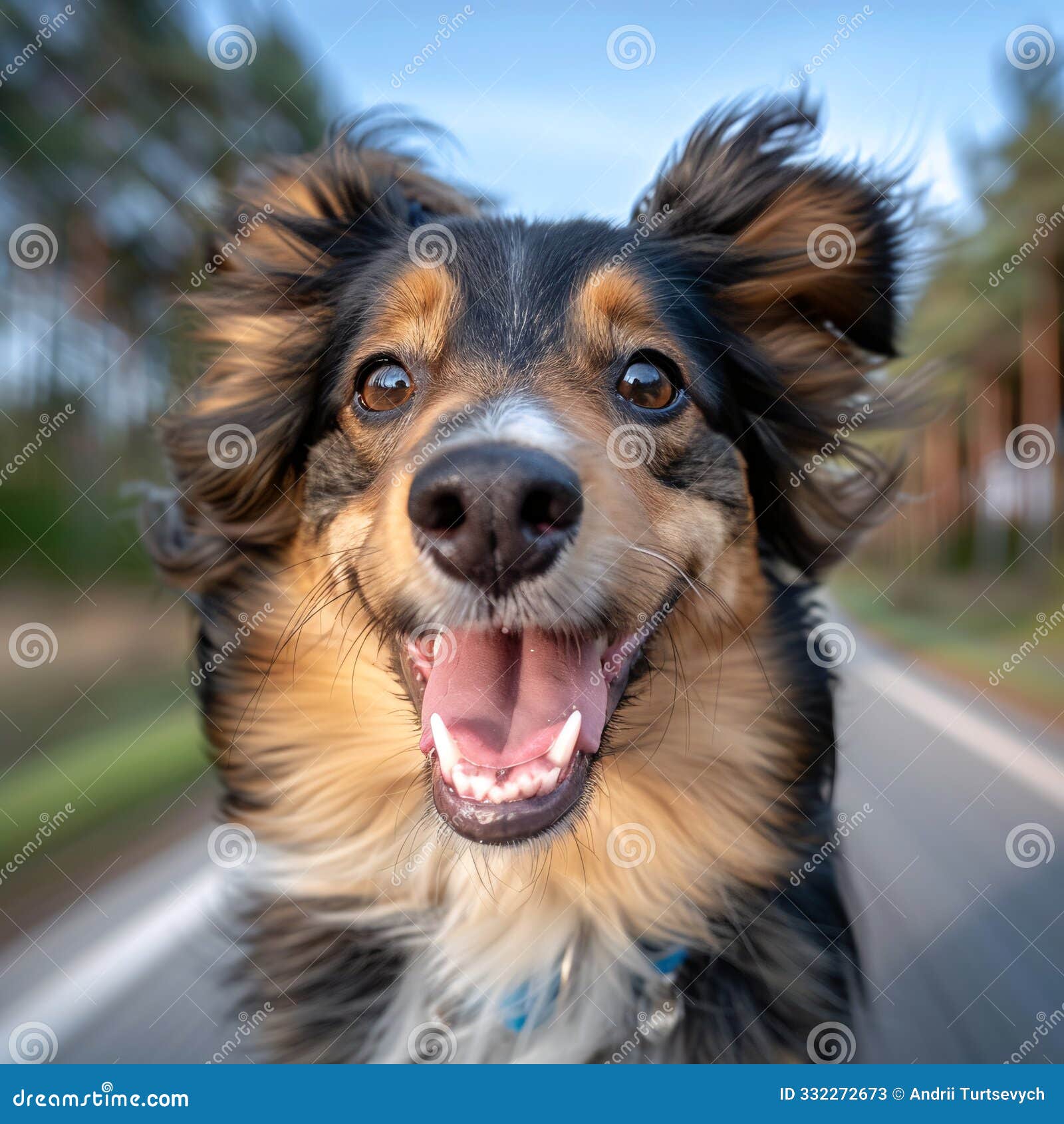 cheerful dog running outdoors on a clear day with trees in background