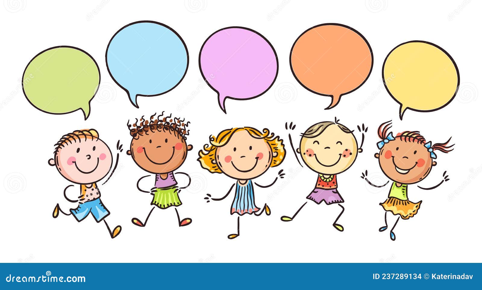 Happy doodle kids in a row with speech bubbles