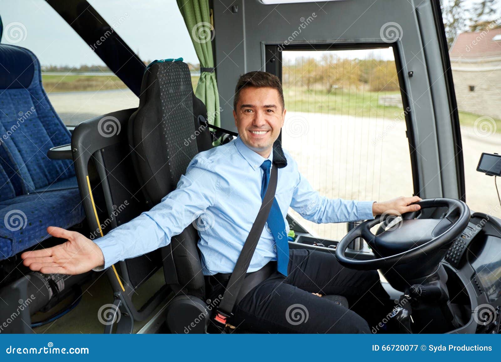 happy driver inviting on board of intercity bus