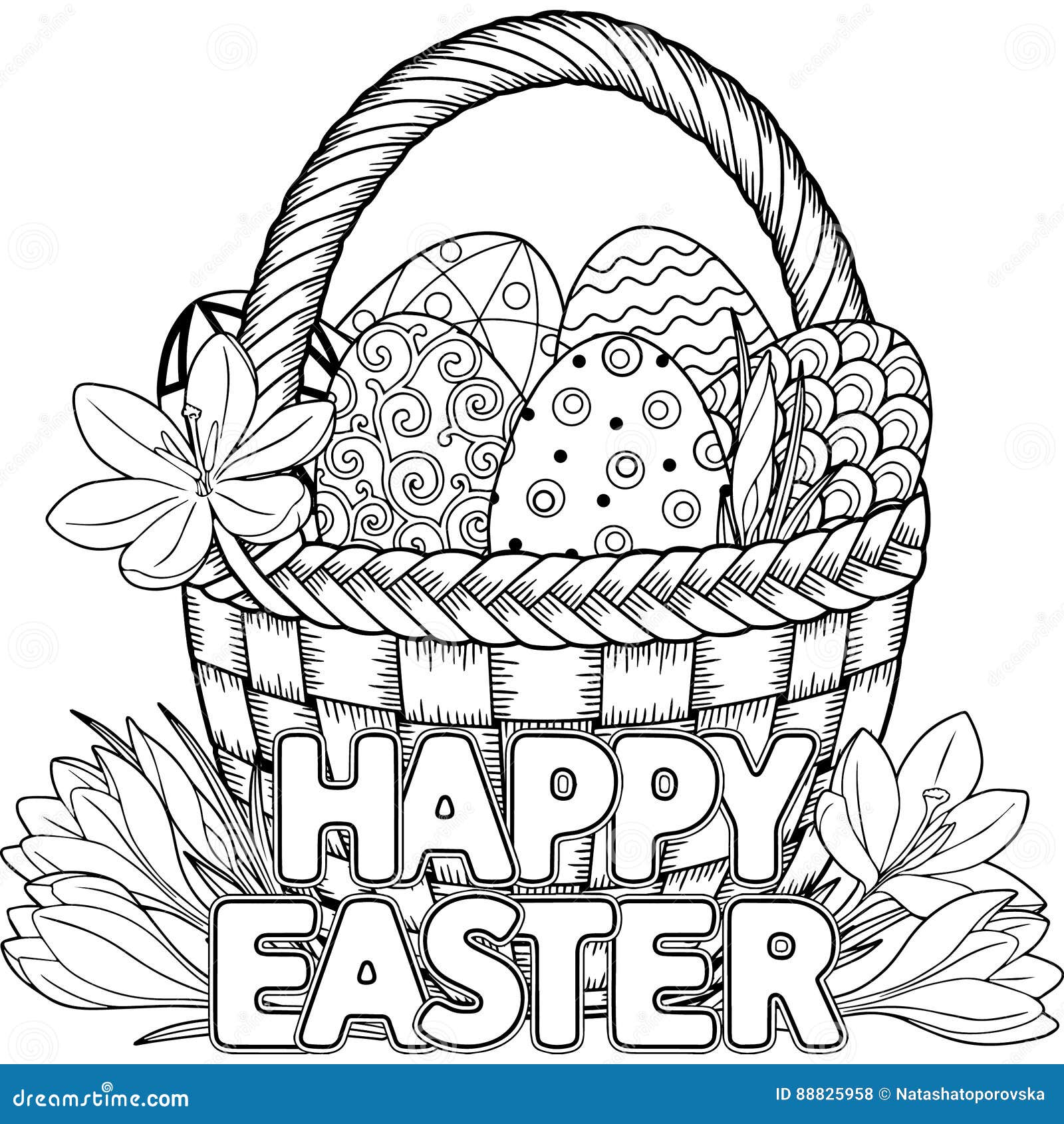 Happy Easter. Black and White Doodle Easter Eggs in the Basket