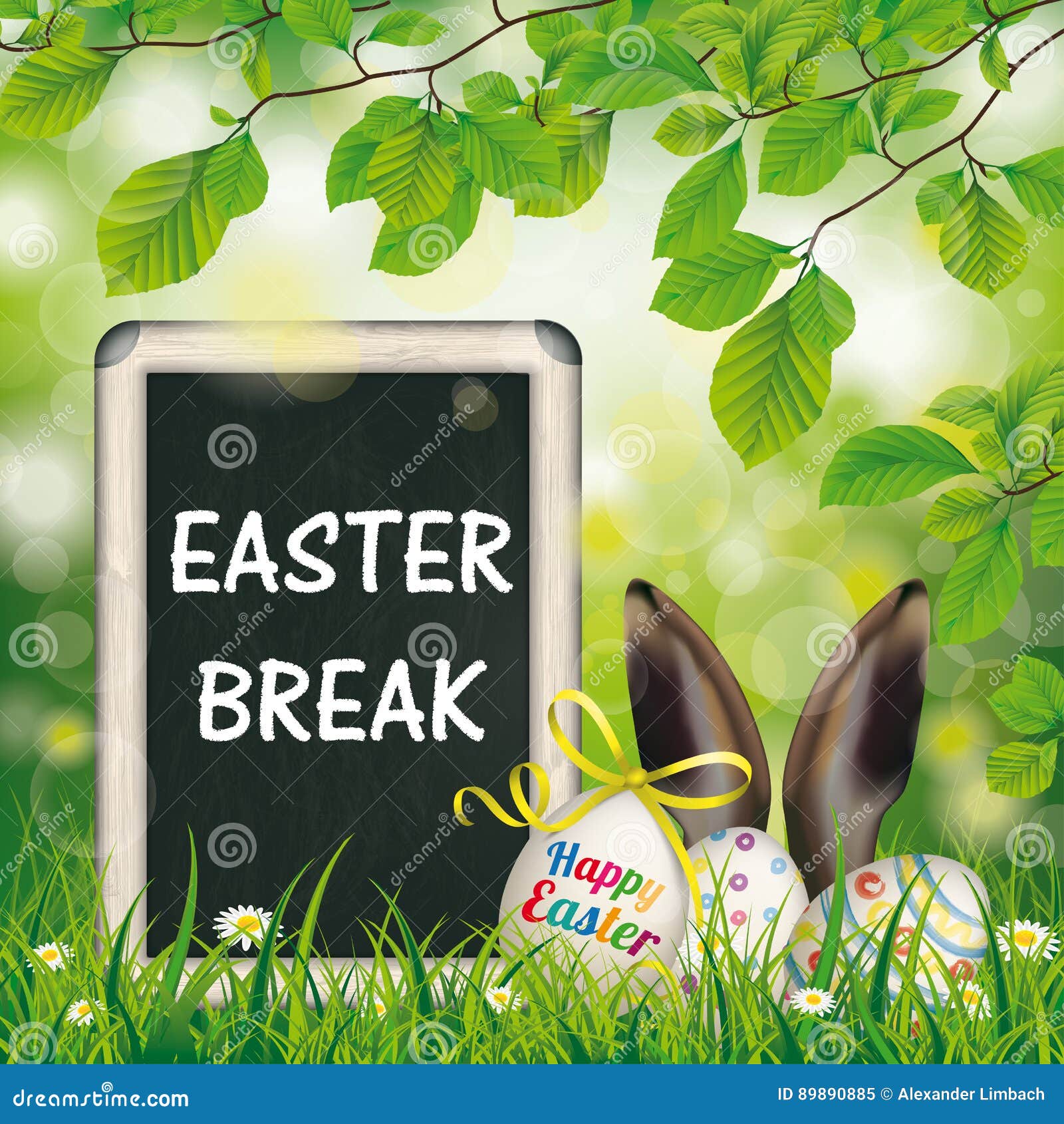 Happy Easter Break Eggs Blackboard Hare Ears Beech Twigs Stock Vector