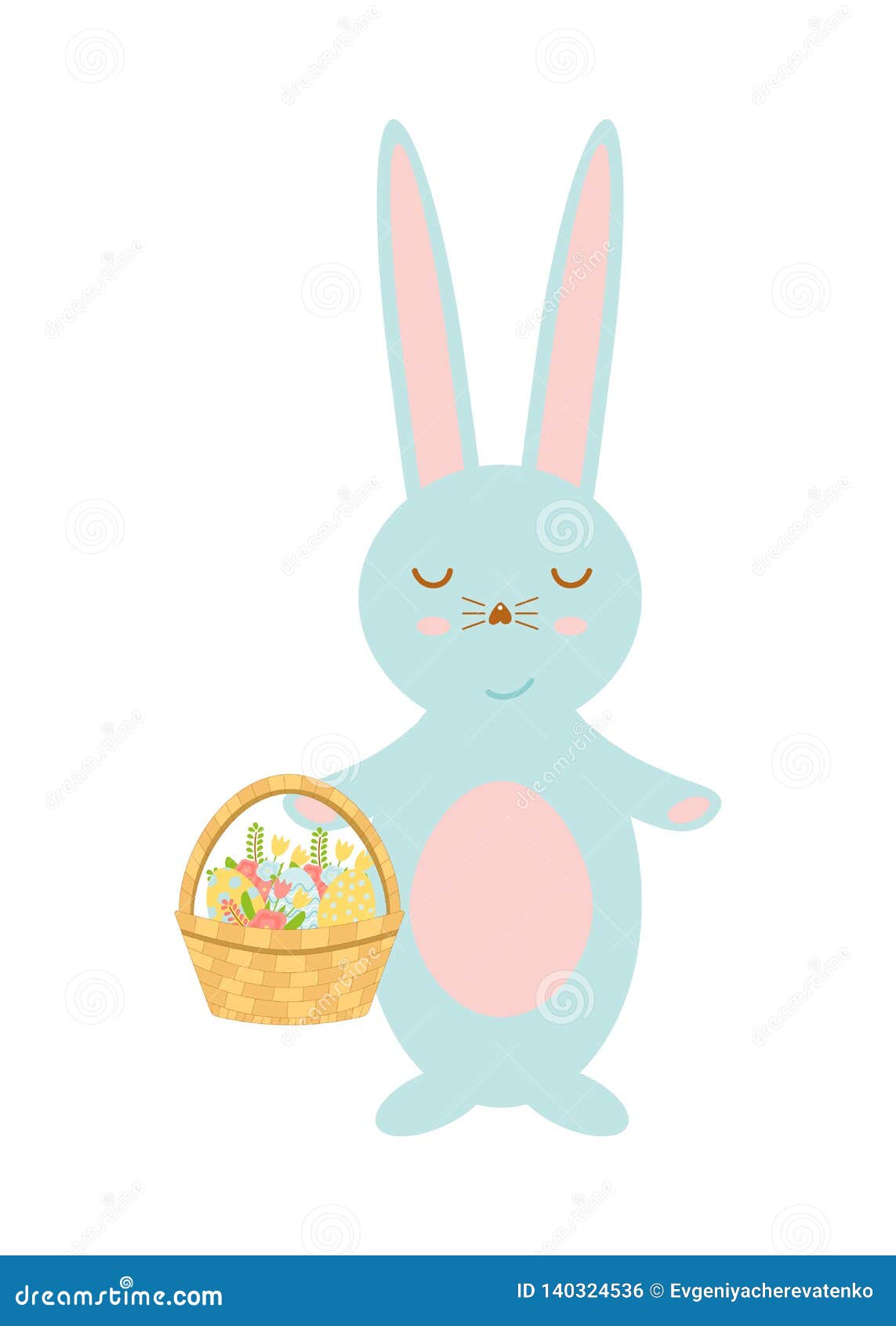 Happy Easter Bunny Holding Basket with Eggs and Spring Flowers. Cute