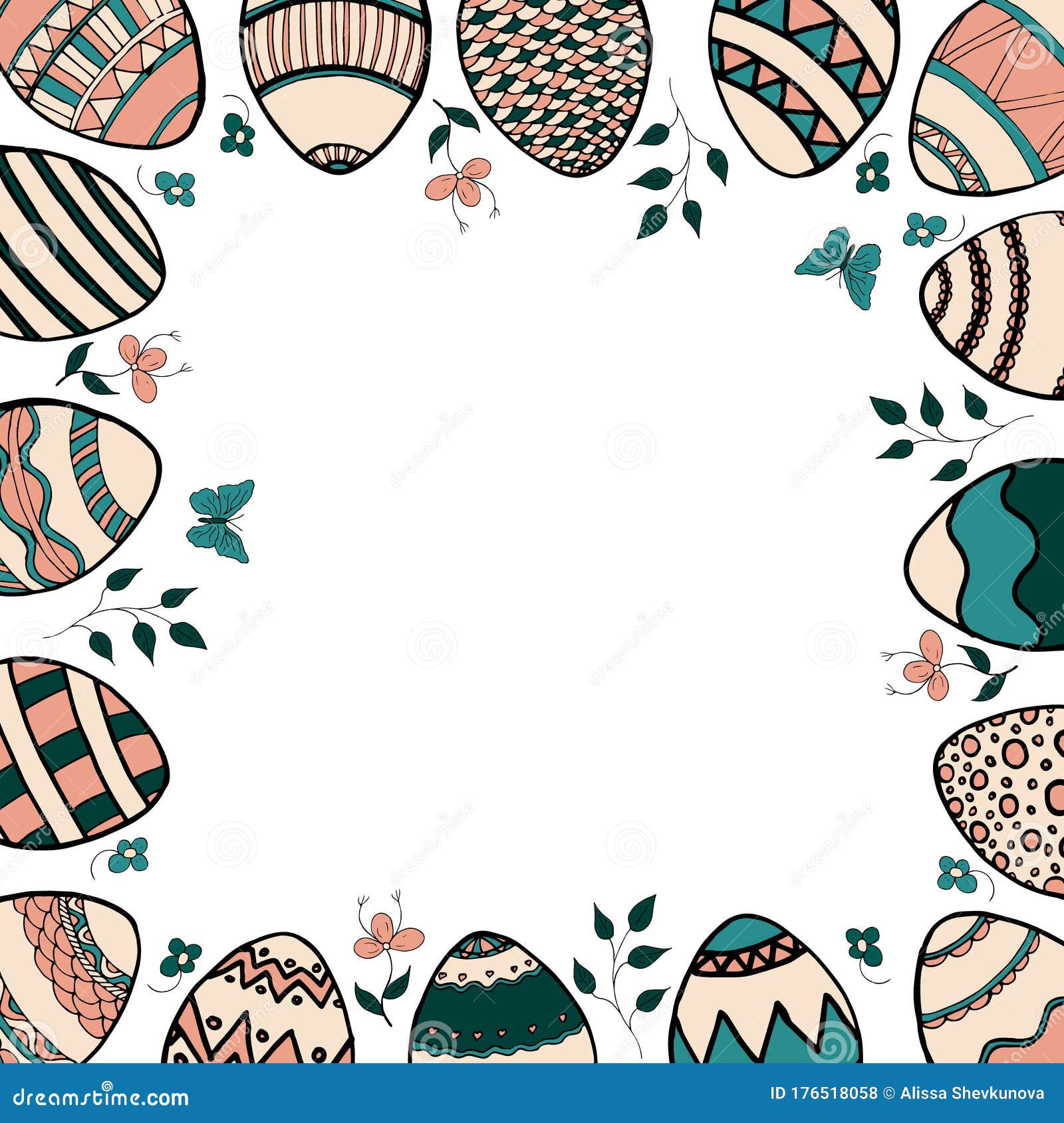 happy easter card made in different colors on a transparent background with eggs with patterns drawn cuts flowers, leaves, branche