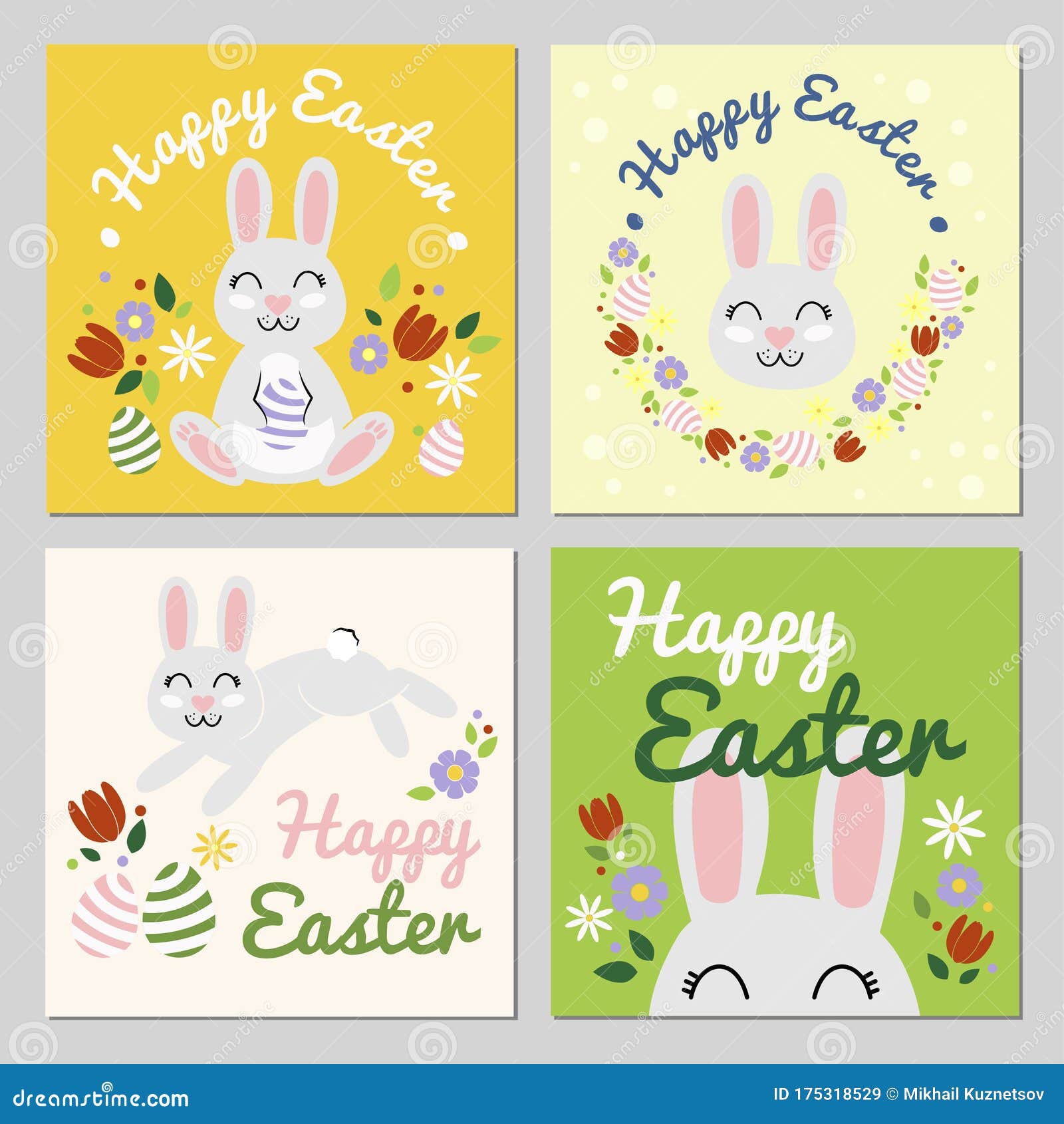 Happy Easter Cards Vector Set To Celebrate Easter. 4 Cards with Bunny ...