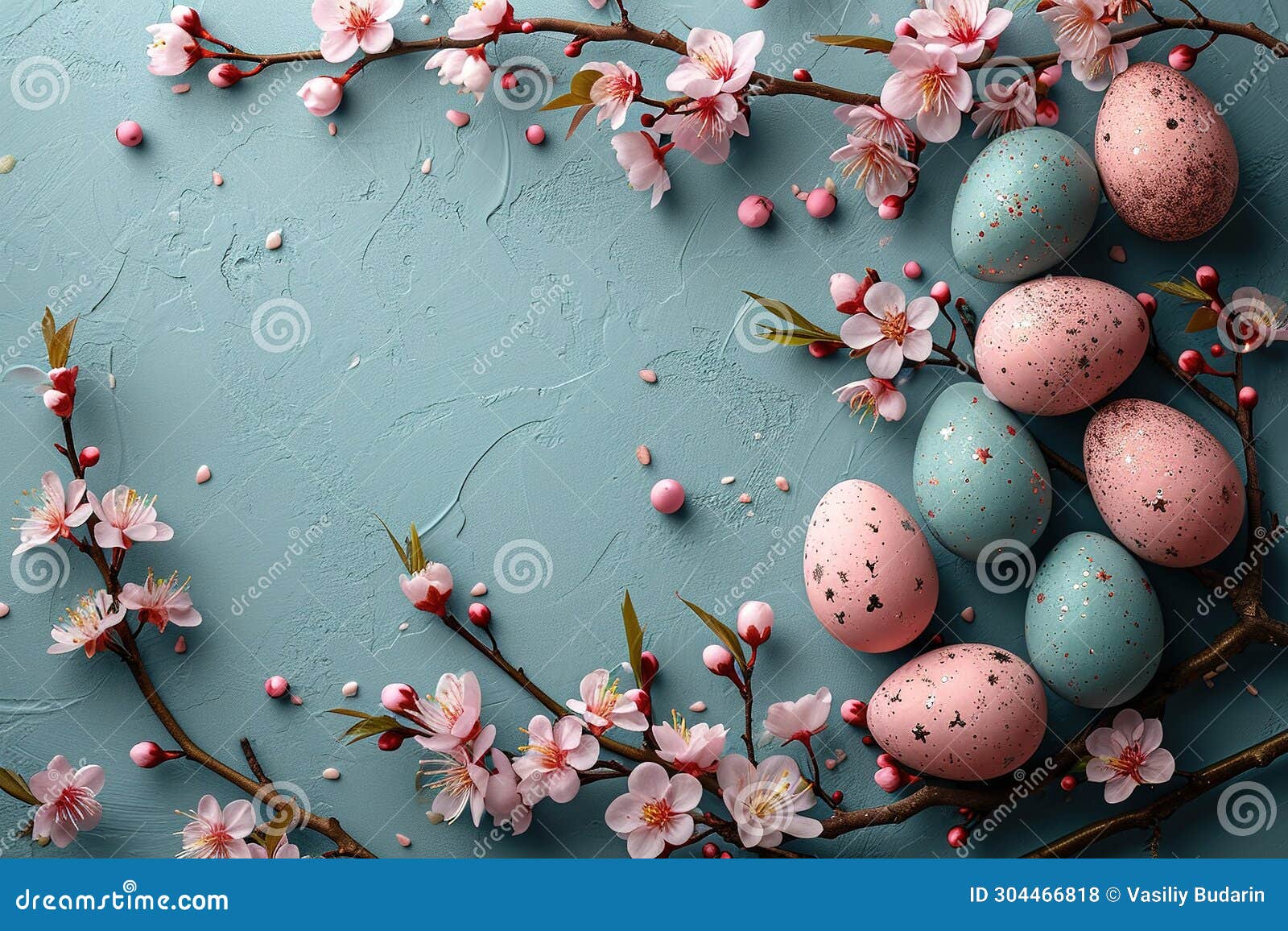 Happy Easter! Colorful Easter Chocolate Eggs with Cherry Blossoms Flat ...