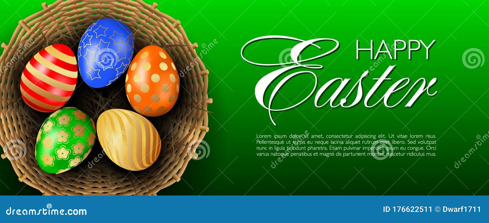 Happy Easter cute vector realistic greeting banner or website header with several multicolored 3D eggs in round wicker basket with hay on green background top view