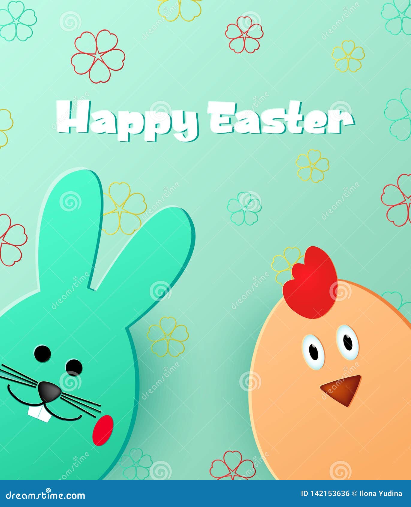Happy Easter. Easter Bunny and Chick Looking at the Green Within Easter Chick Card Template