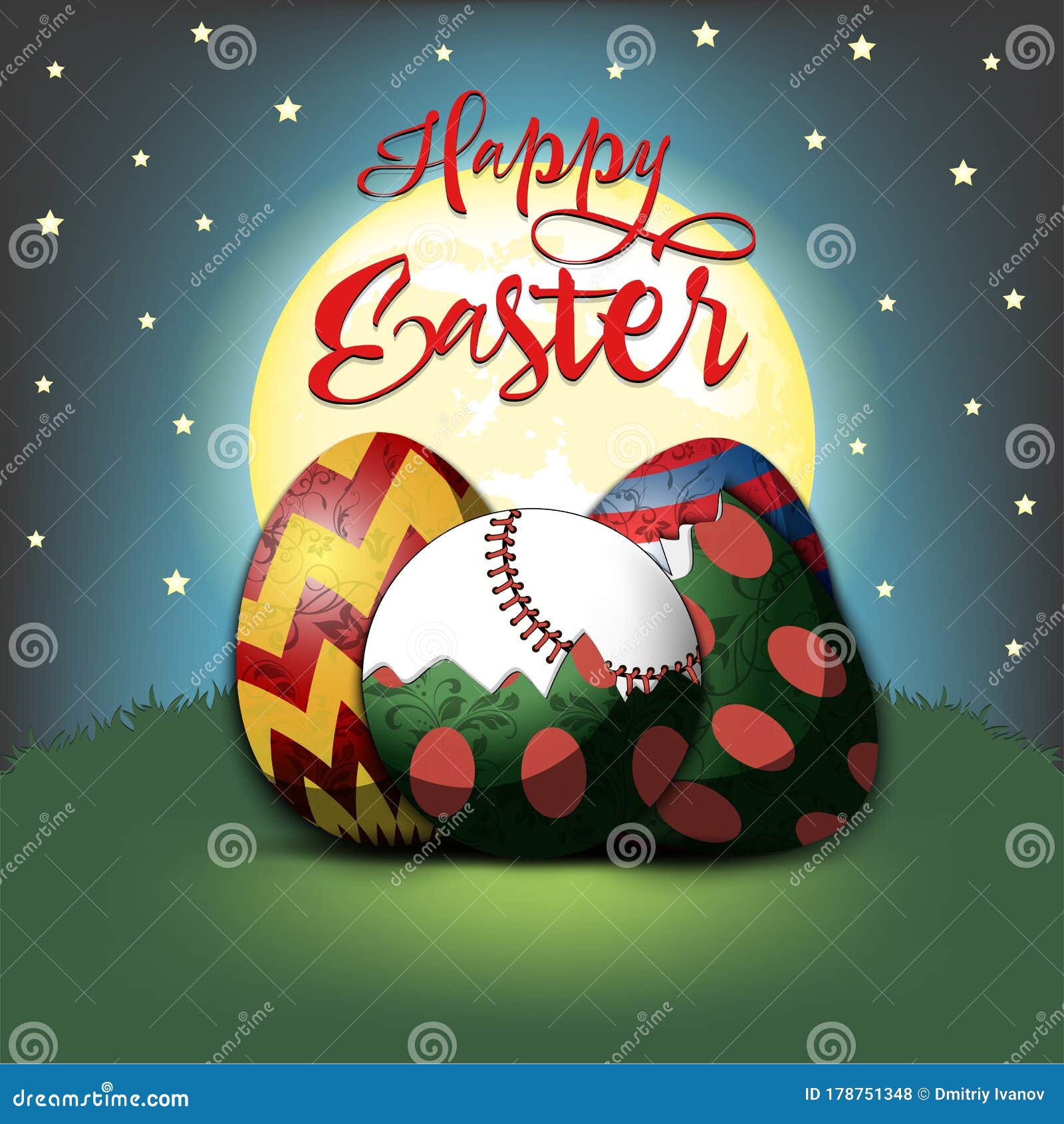 Happy Easter. Easter Eggs and Baseball Ball Stock Vector Illustration