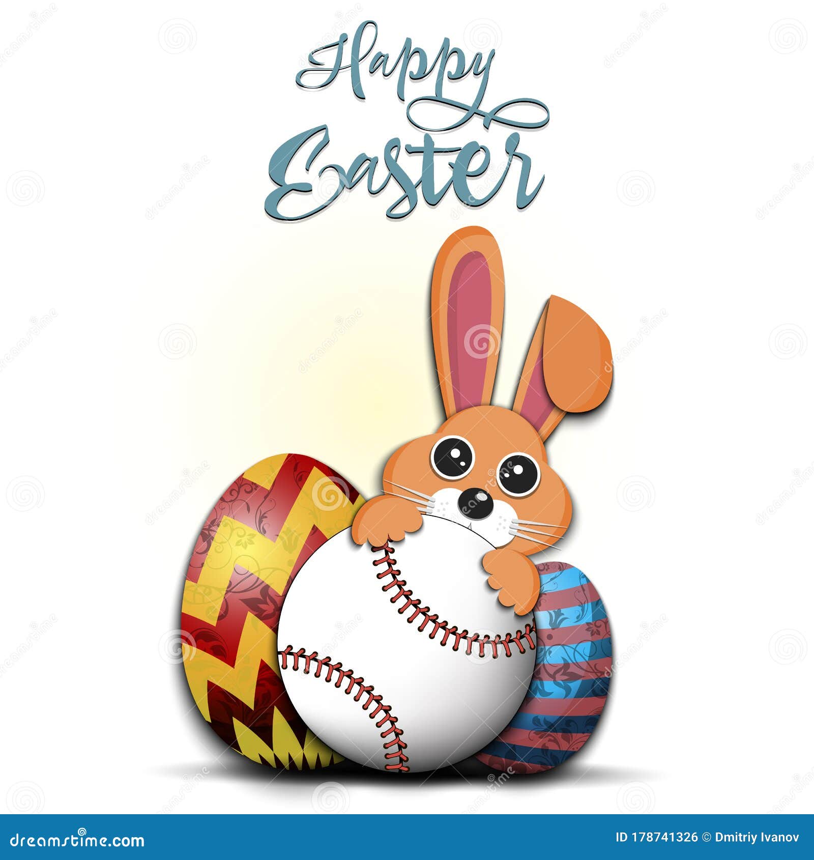 Happy Easter. Easter Eggs, Rabbit and Baseball Ball Stock Vector