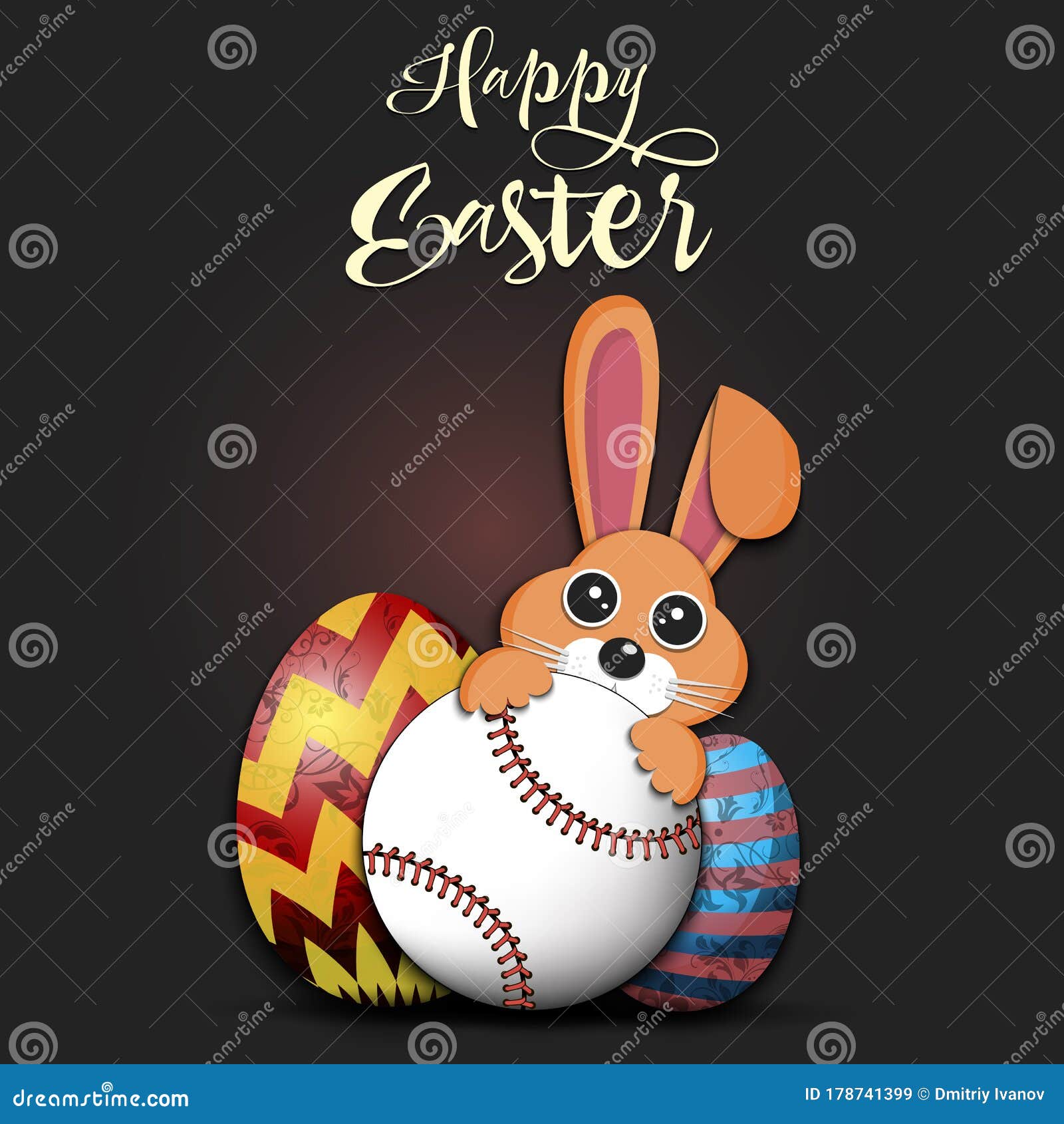 Happy Easter. Easter Eggs, Rabbit and Baseball Ball Stock Vector