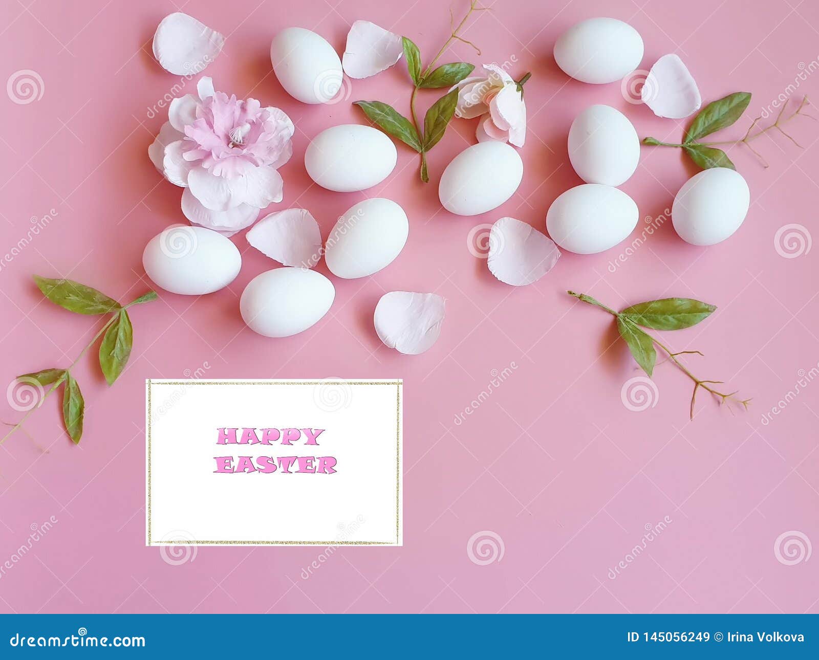 Happy Easter Eggs White with Roses Petal on Pink Background Stock Image ...