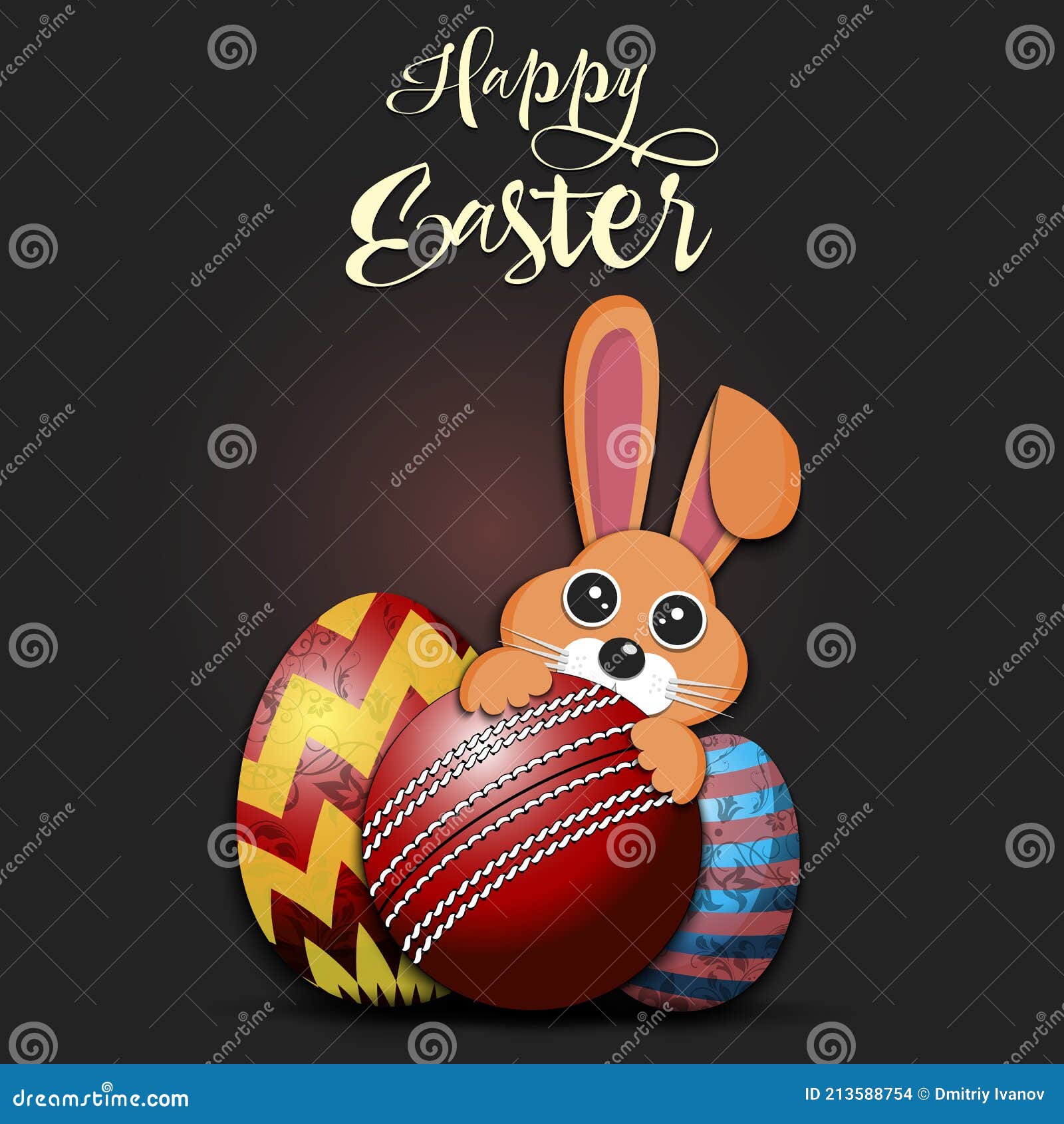 Happy Easter. Easter Eggs, Rabbit and Cricket Ball Stock Vector ...