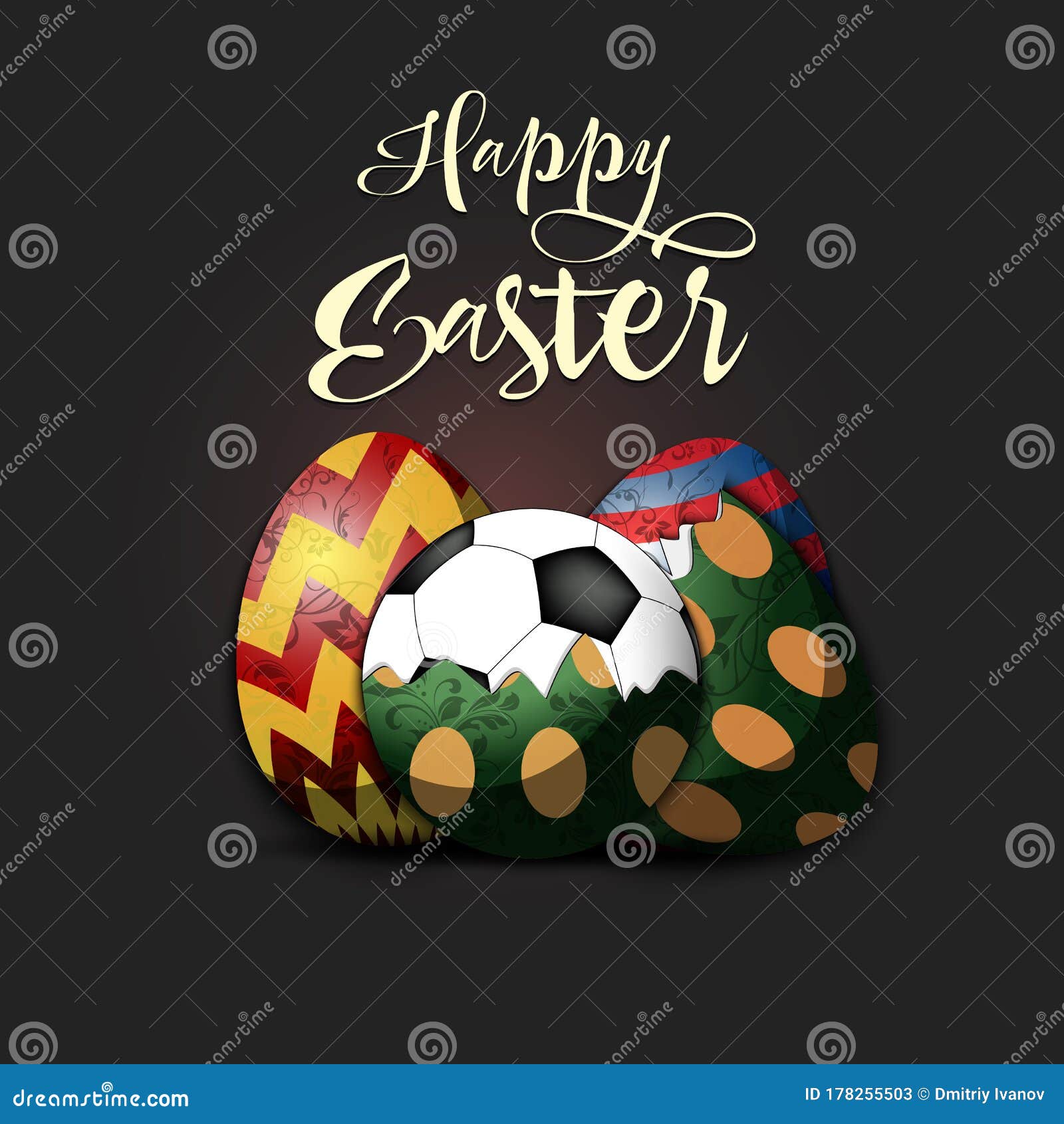 Happy Easter. Easter Eggs and Soccer Ball Hatched from an Egg Stock