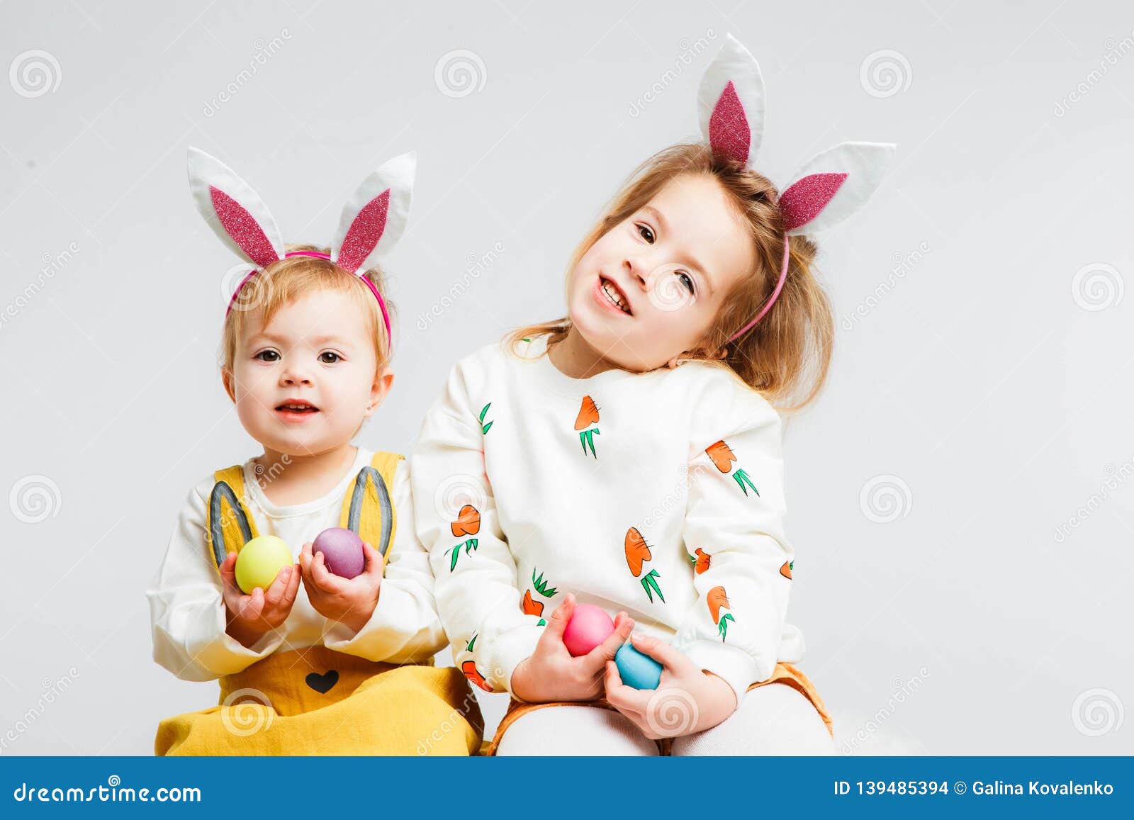 Happy Easter. Funny Children with Rabbit Ears Celebrate Easter. Light ...