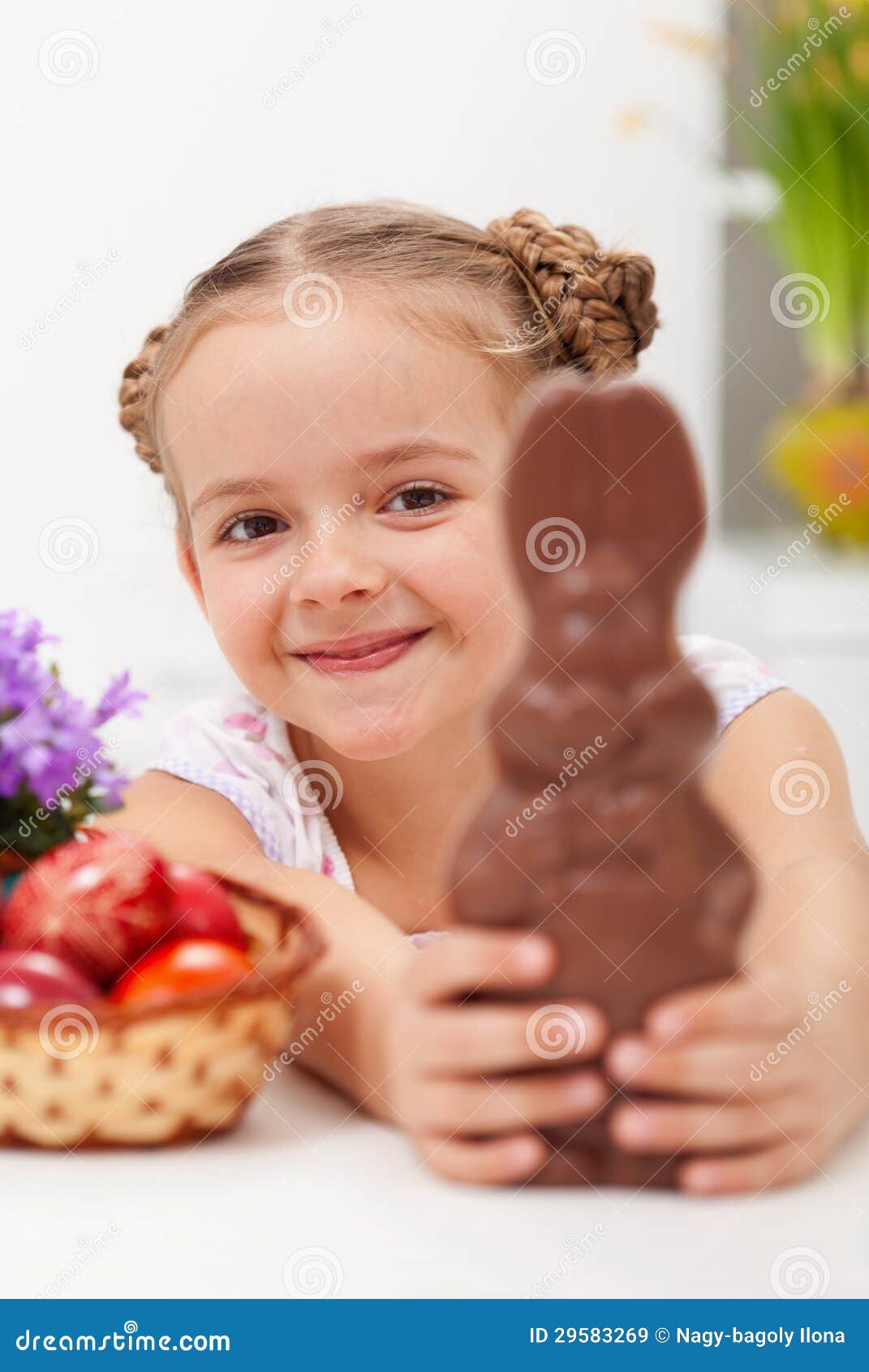 Happy Easter Girl with Chocolate Bunny Stock Image Image of easter