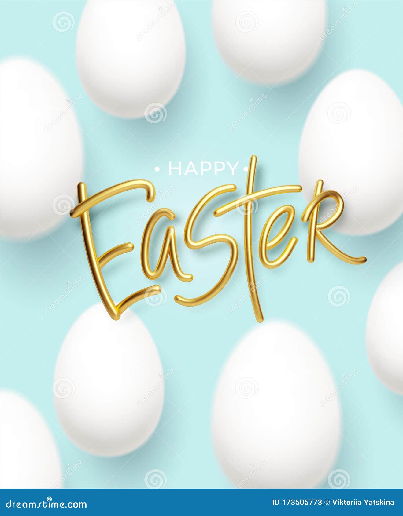 Happy Easter Golden Inscription on a Blue Background with Realistic ...