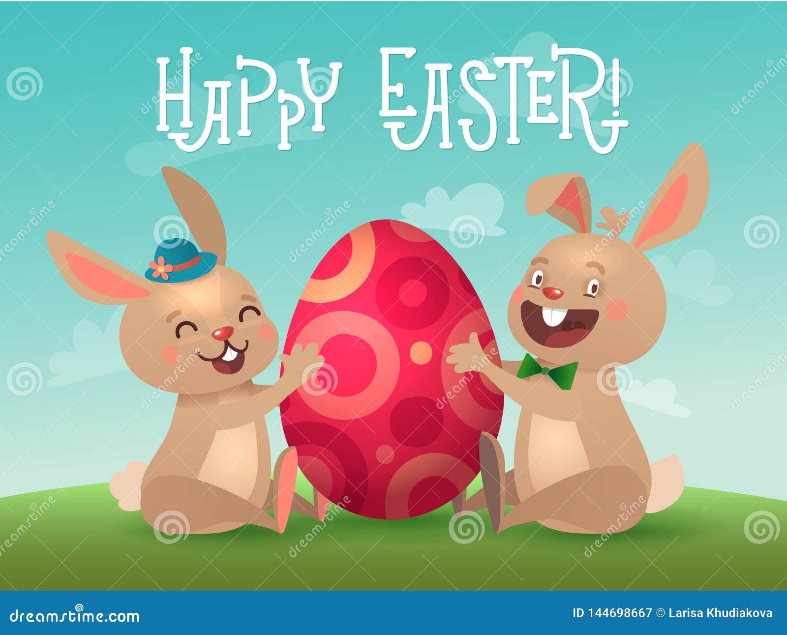 Happy Easter Greeting Card with Egg and Bunnies. Two Brown Cute Easter ...