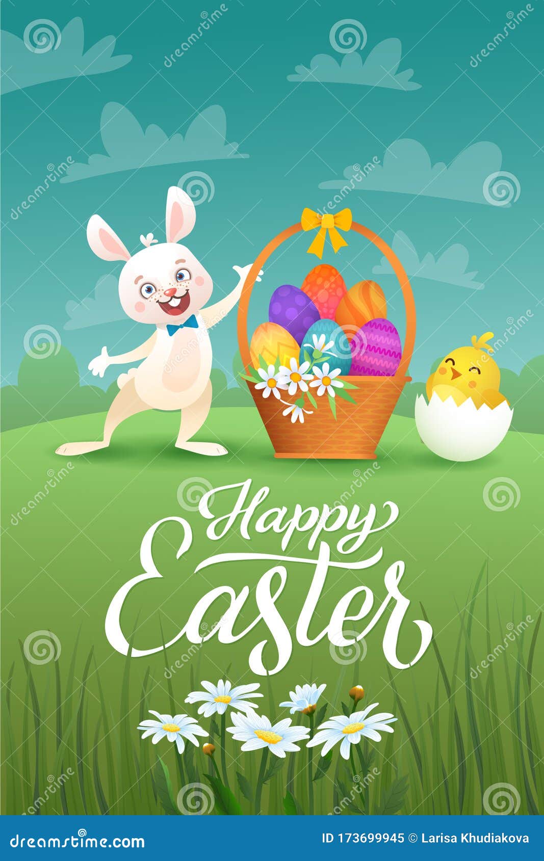Happy Easter Greeting Card with Funny Bunny and Egg Basket with ...