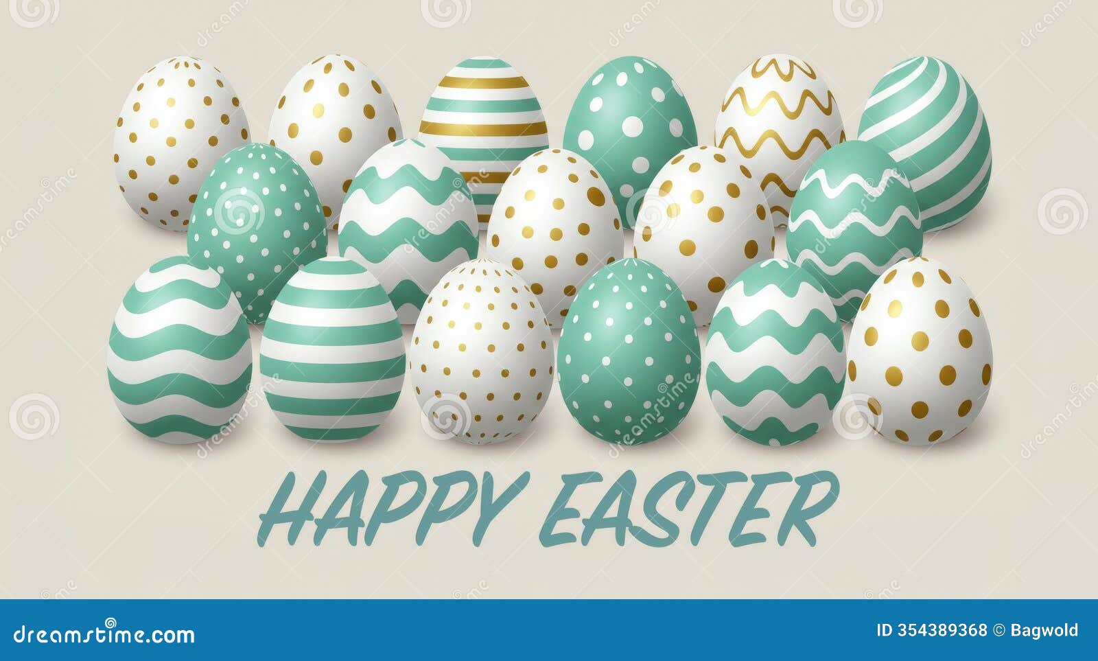 happy easter greeting with teal and gold eggs in festive pastel patterns