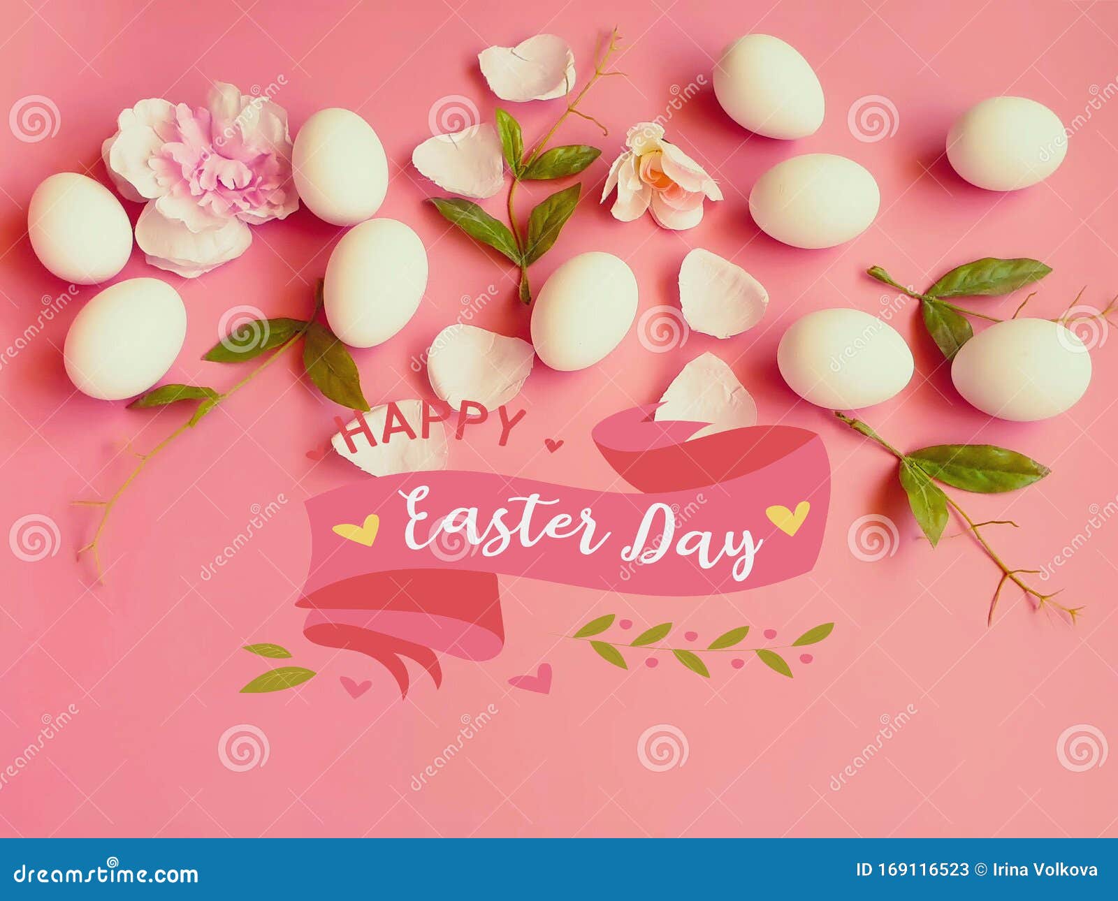 Happy Easter Greetings White Eggs Green on Pink Living Coral Background ...