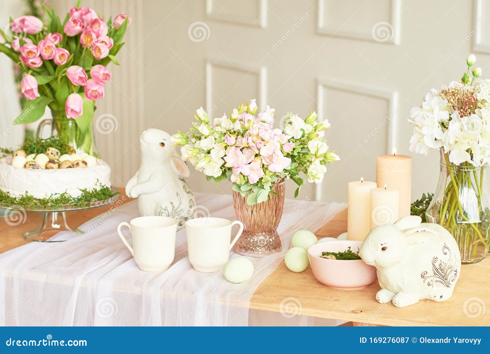 Happy Easter! Holiday Decorations. Beautiful Festive Easter Table