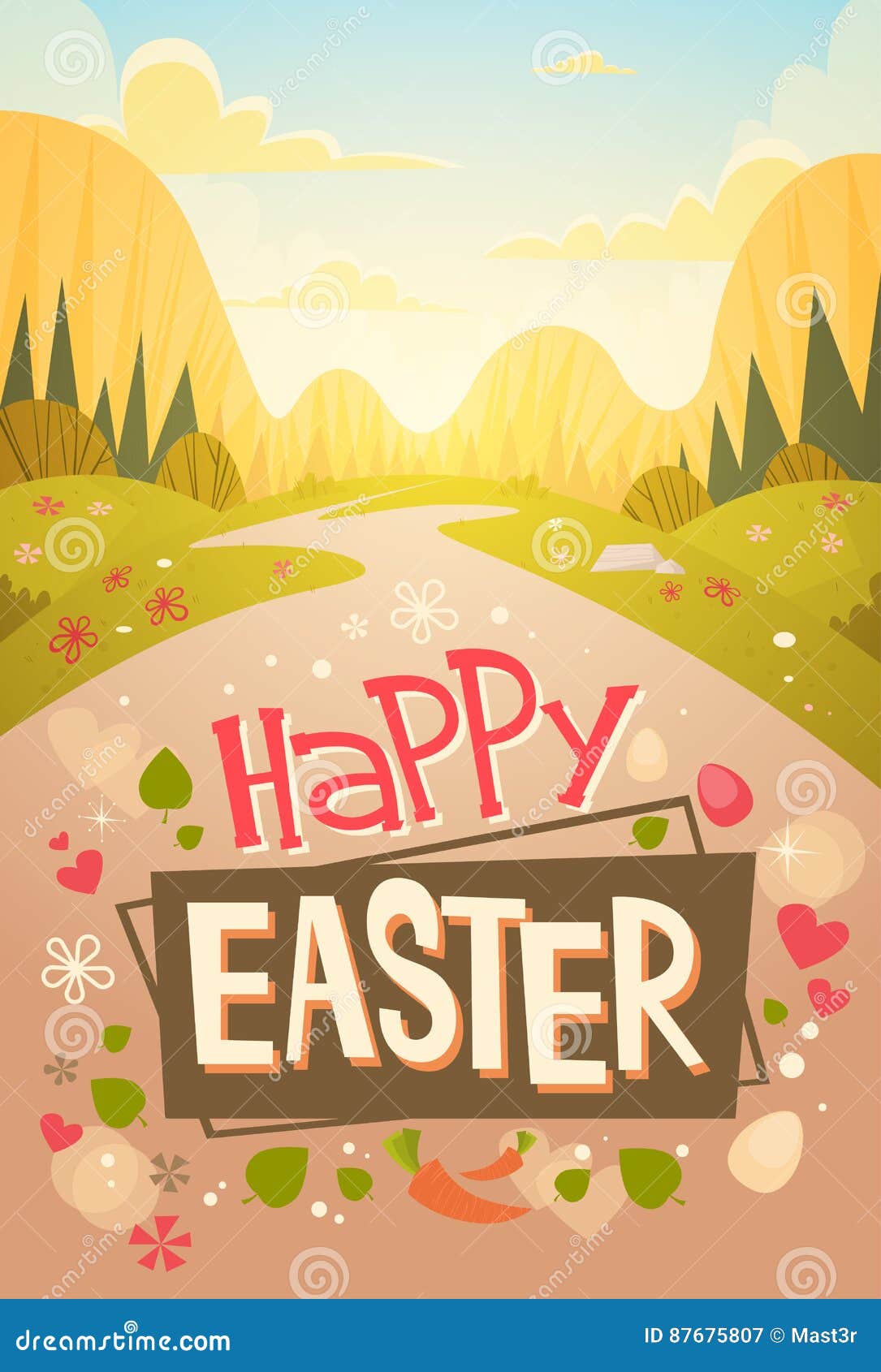 Happy Easter Holiday Mountain Nature Background Greeting Card Stock