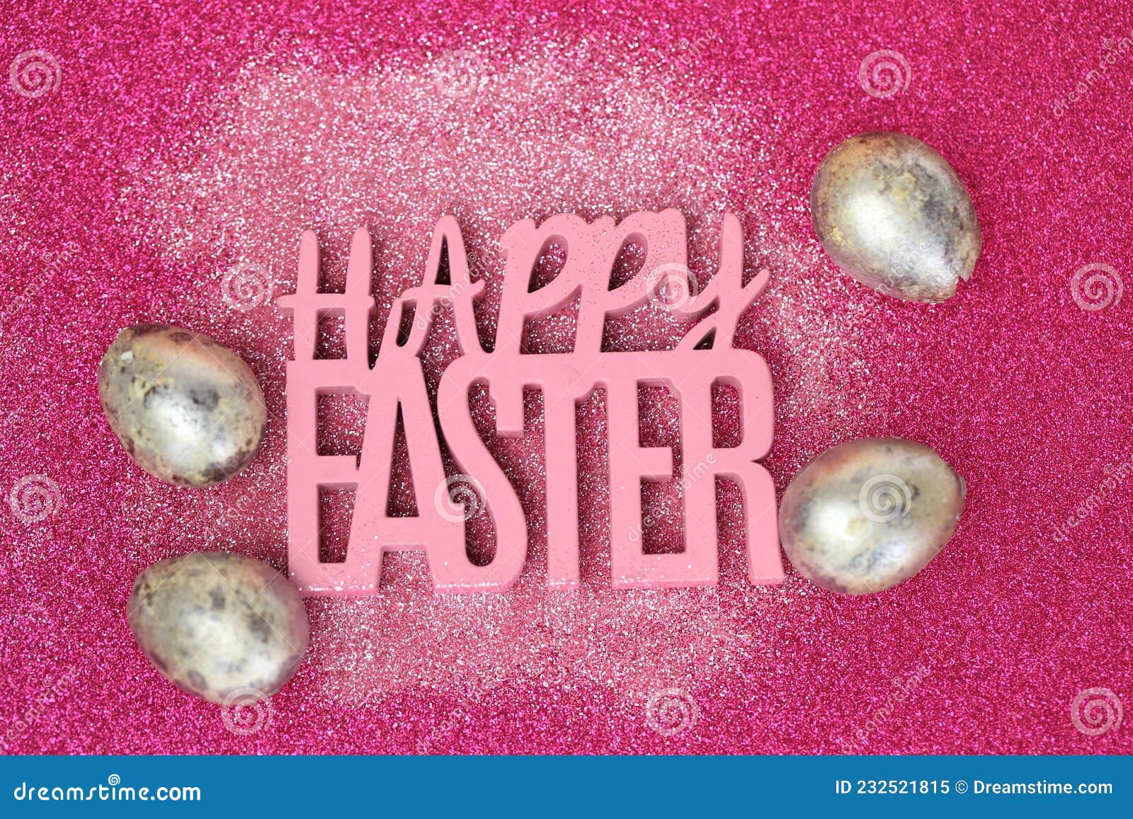 Happy Easter. Inscription Happy Easter and Eggs in Pink Glitter on ...