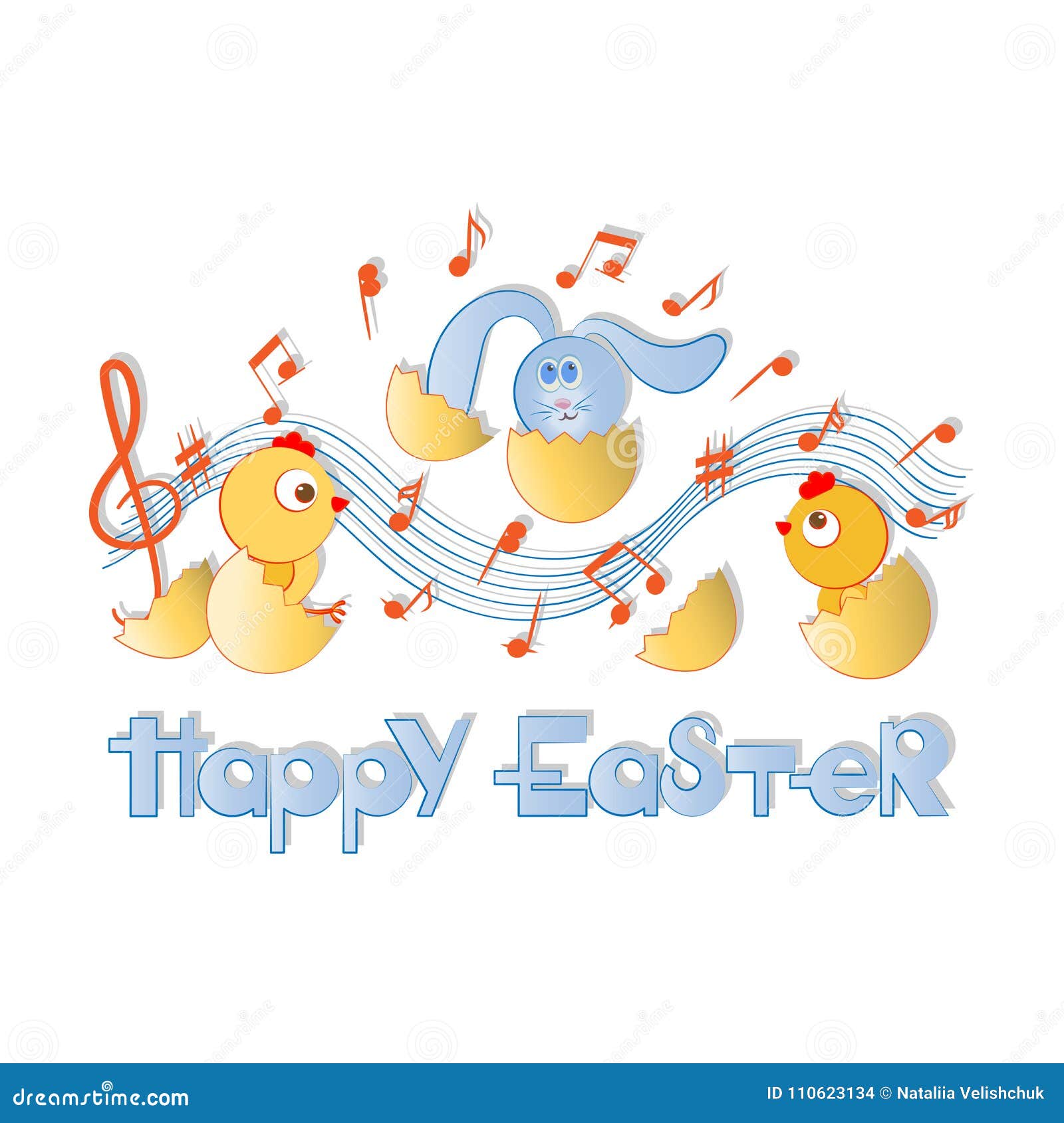 HAPPY EASTER. Musical Greetings with Chickens and Rabbit Stock Vector