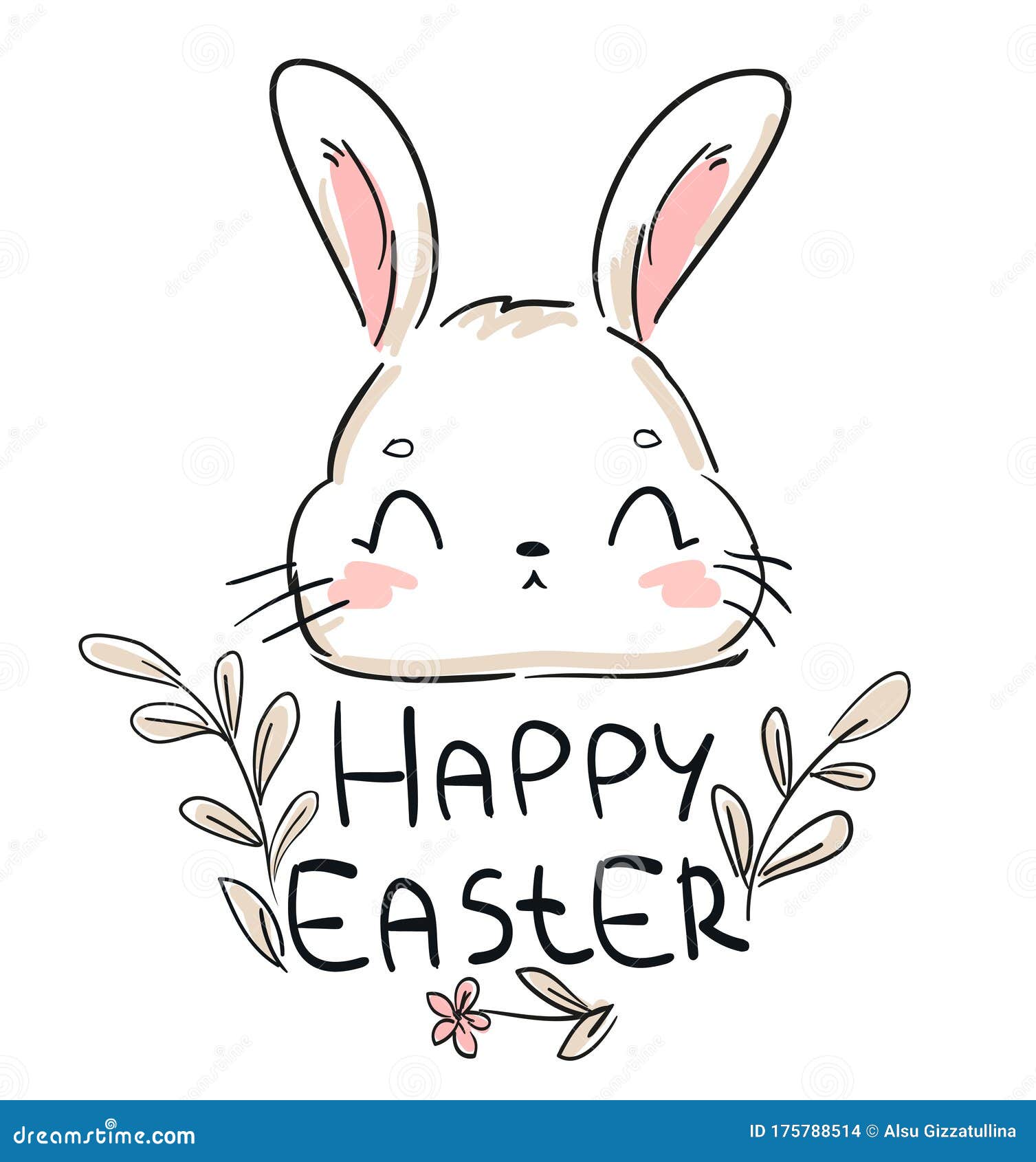 Happy Easter. Rabbit. Hand Drawn Cute Bunny and Leaves. Vector Illustration  Stock Illustration - Illustration of funny, background: 175788514