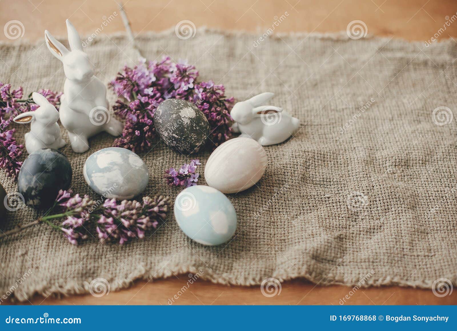 Happy Easter. Rural Still Life. Modern Easter Eggs, White Bunnies and ...