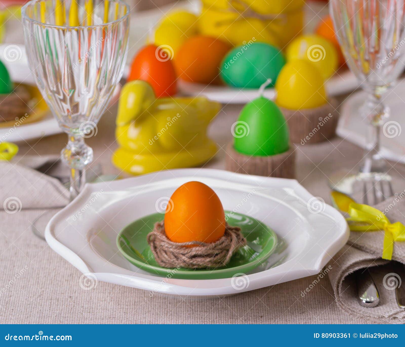 Happy Easter! Serving for the Easter Table, in the Yellow Decor. Stock