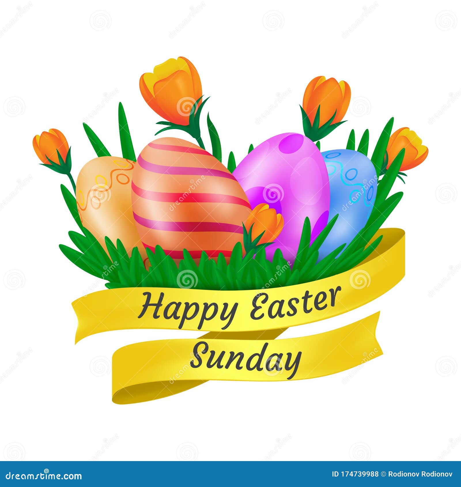 Happy Easter Sunday Golden Ribbon with Cute Orange Tulip Flowers and
