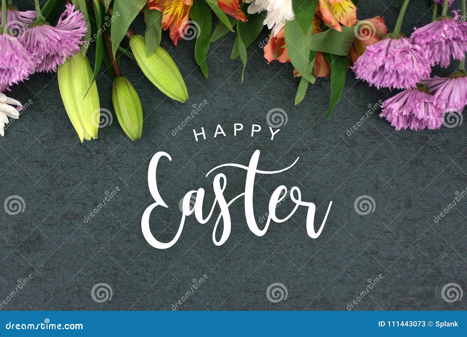 happy easter text with beautiful colorful flowers bouquet border