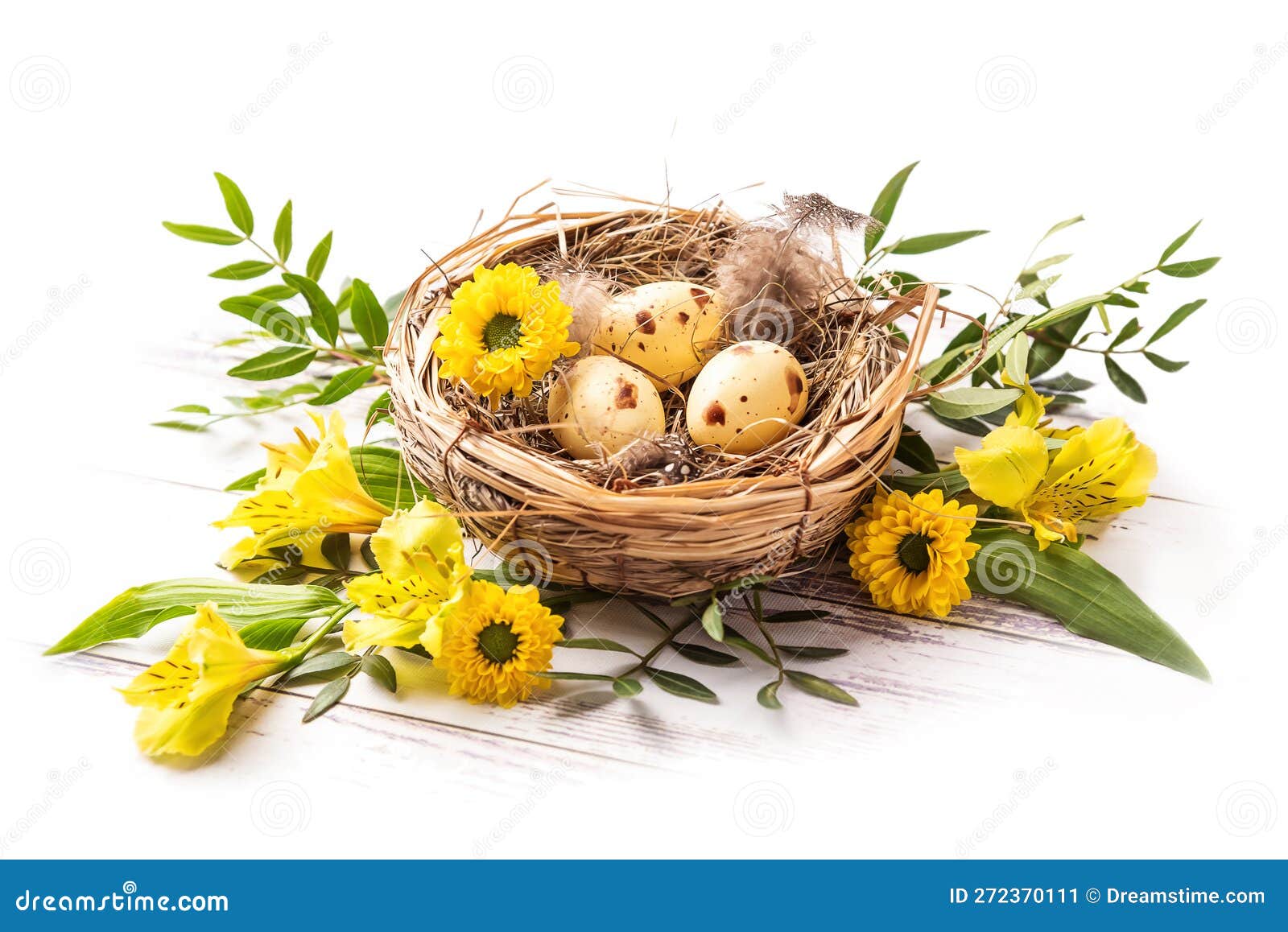 Happy Easter. Three Spotted Eggs in the Nest and Spring Yellow Flowers