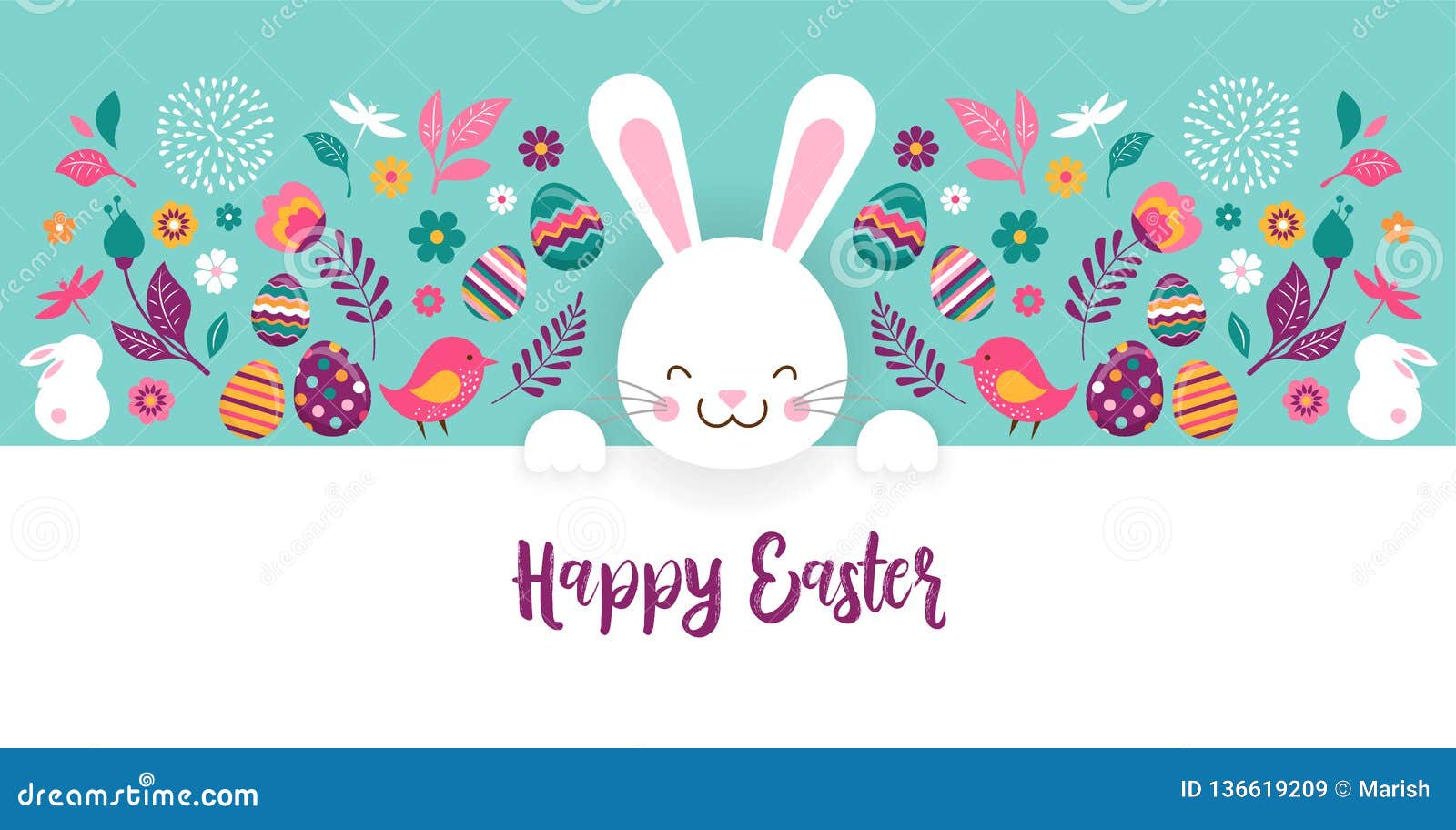happy easter,  banner with flowers, eggs and bunnies