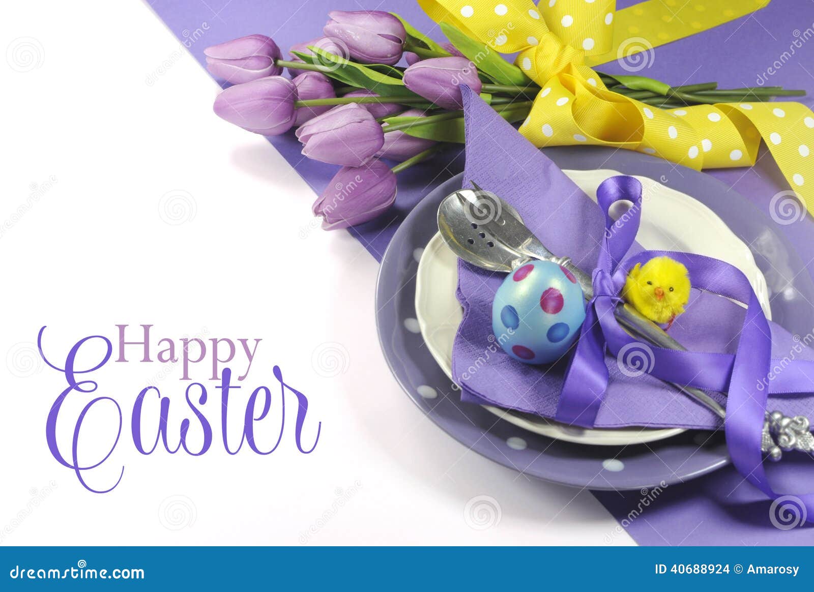 happy easter yellow and purple mauve lilac theme easter table place setting