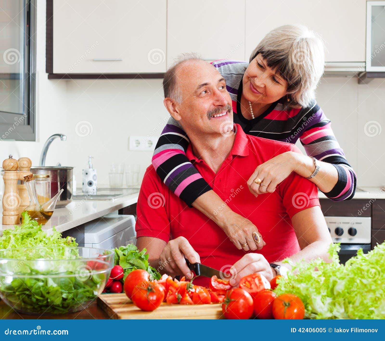 Happy Elderly Couple Cooking in Home Kitchen Stock Image Image of