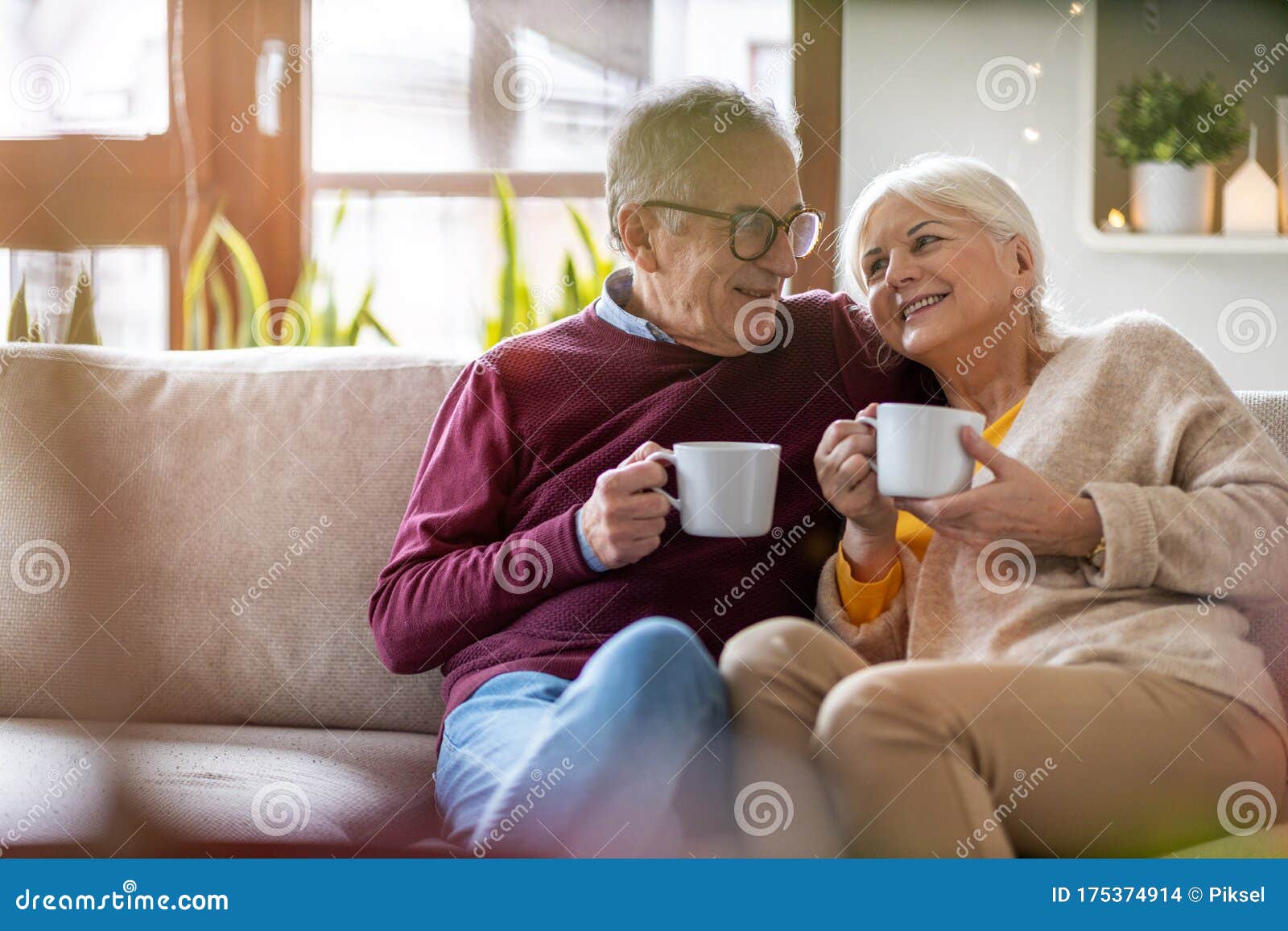 happy elderly couple relaxing together on the sofa at home