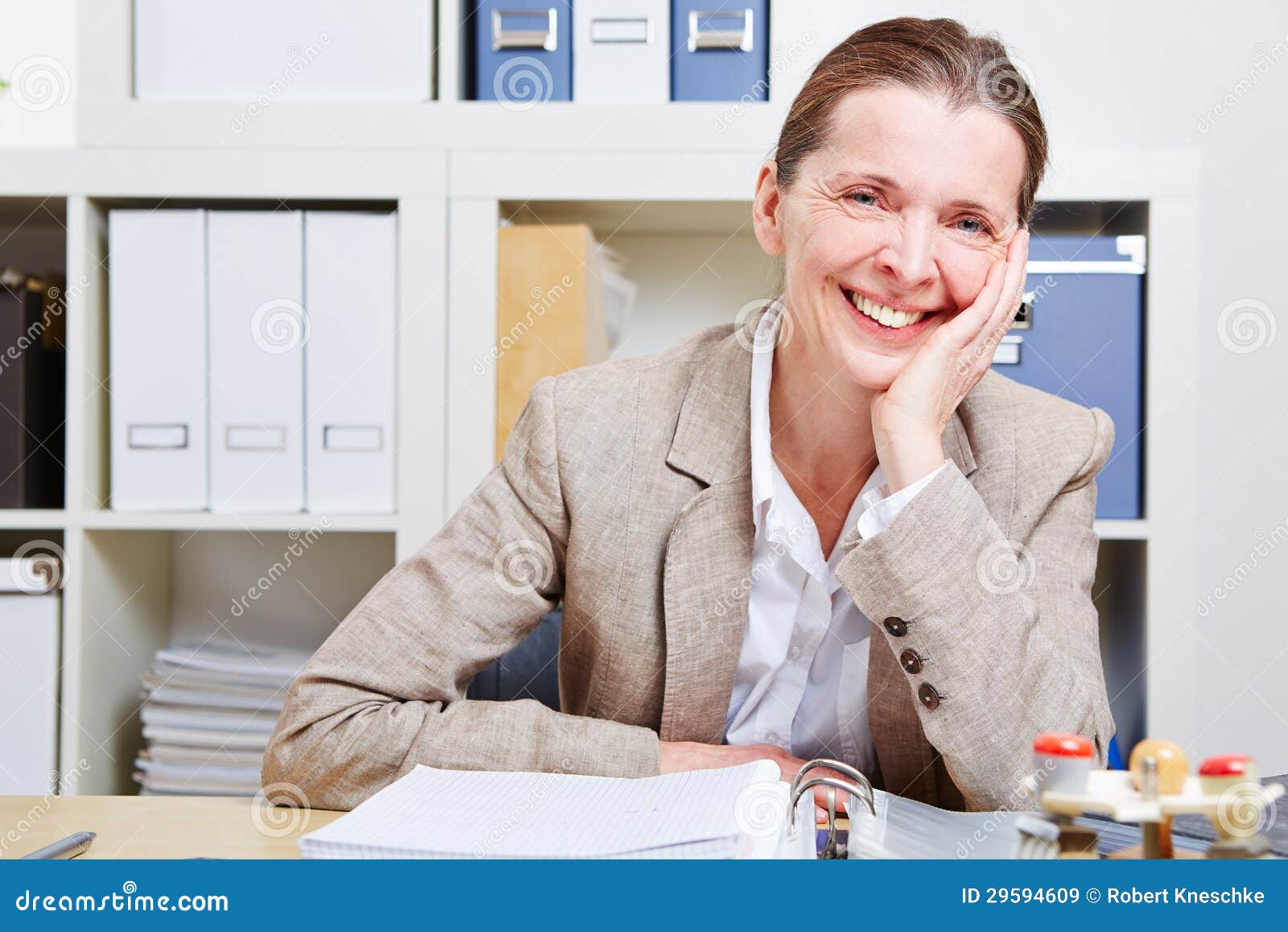 Happy Elderly Woman in Office Stock Image Image of elderly, desk