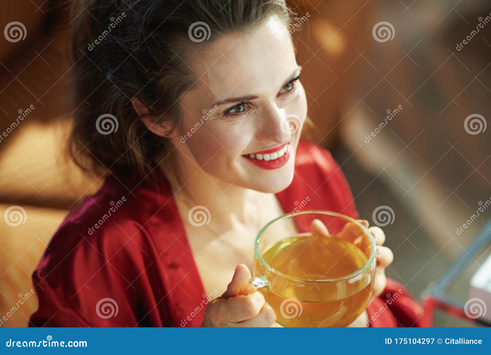 Happy Woman with Cup of Green Tea in Modern House in Sunny Day Stock ...