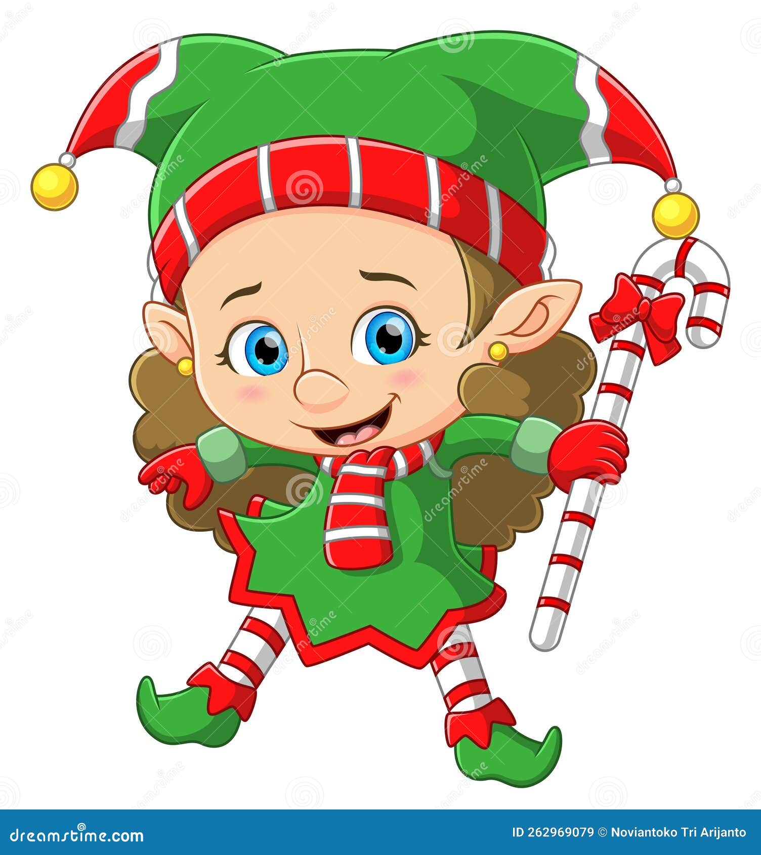 Happy Elf Girl Carrying Big Candy Cane Stock Vector - Illustration of ...