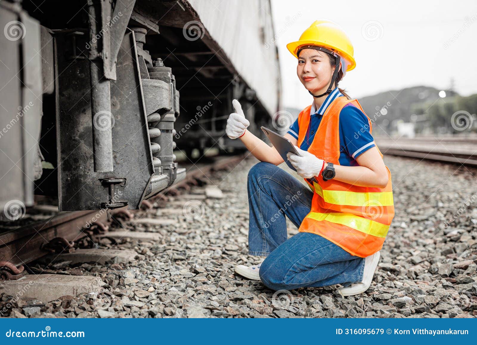 happy engineer women worker check service maintenance train wheel suspension confirm thumbs up good condition