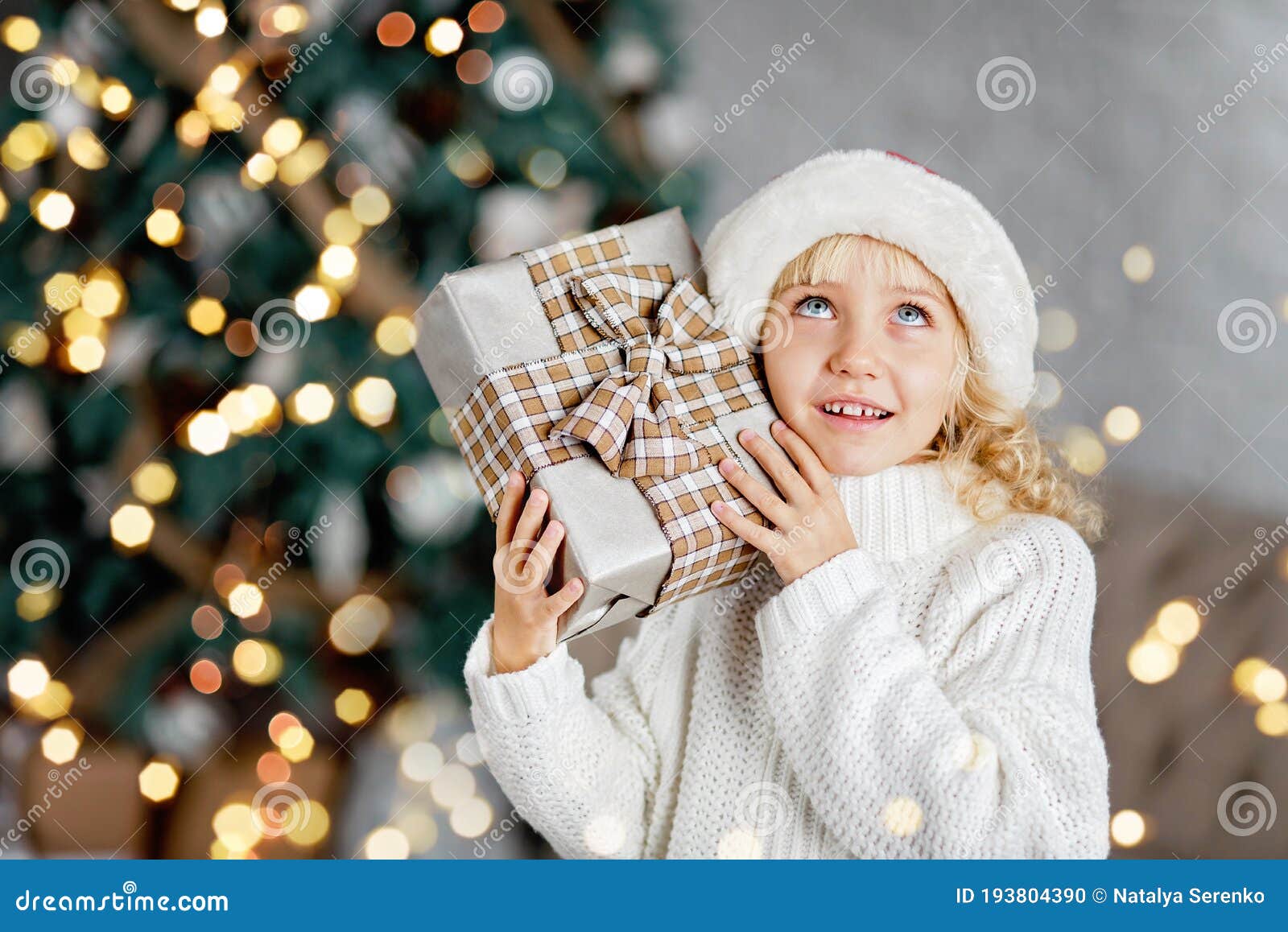 Happy Excited Girl Child Holding Christmas Gift Box Stock Photo Image