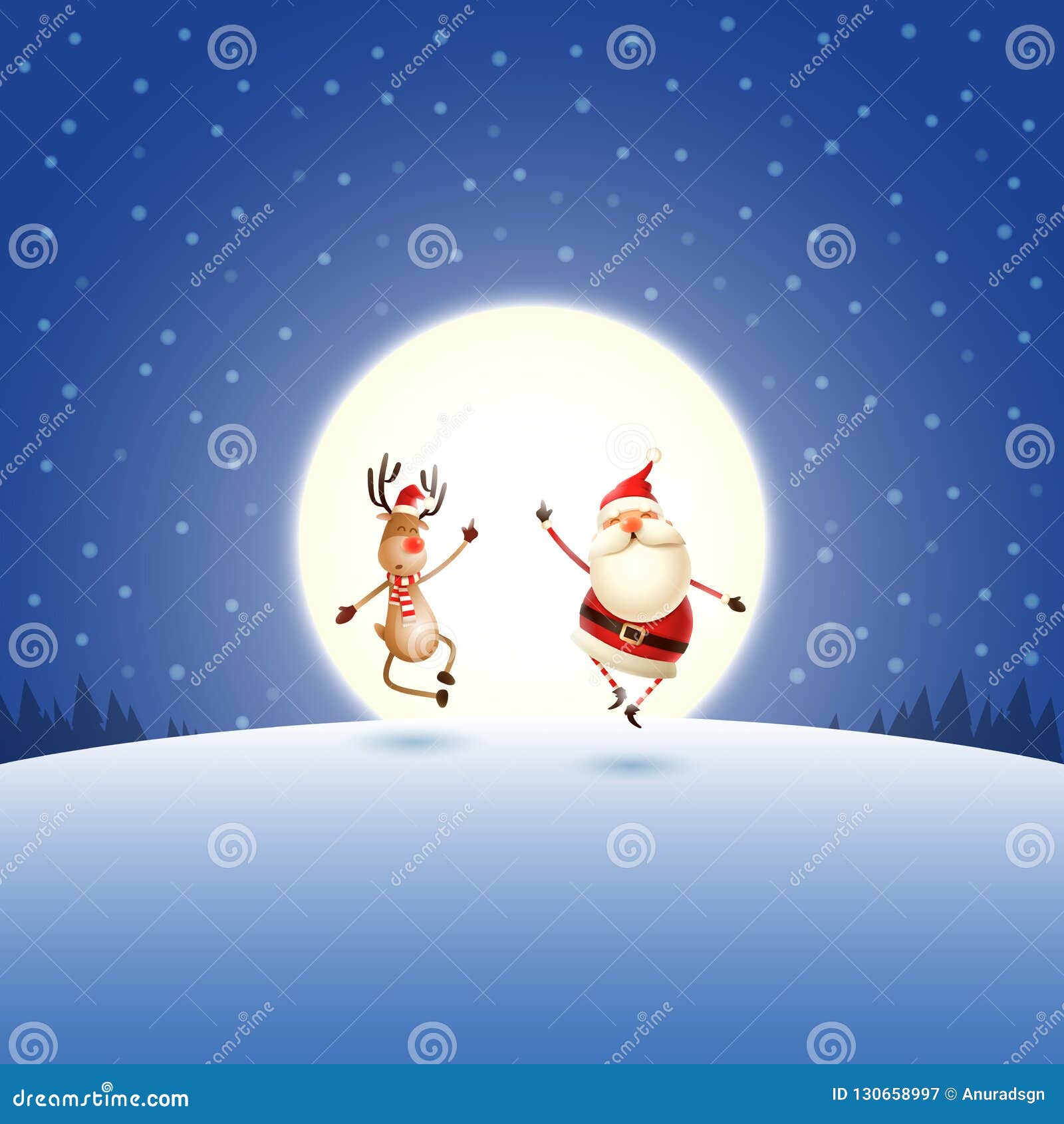 happy expresion of santa claus and reindeer on blue night moonlight winter landscape
