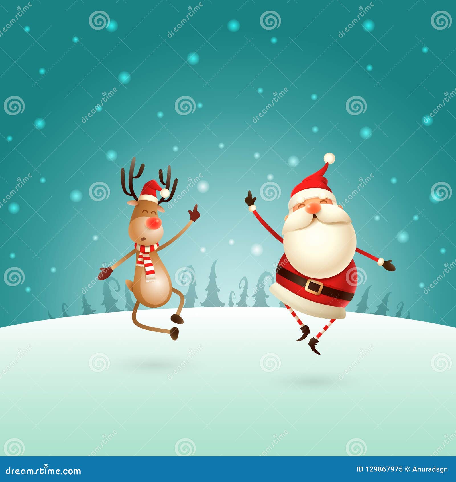 happy expresion of santa claus and reindeer - they jumping straight up and bring their heels claping together right under on win