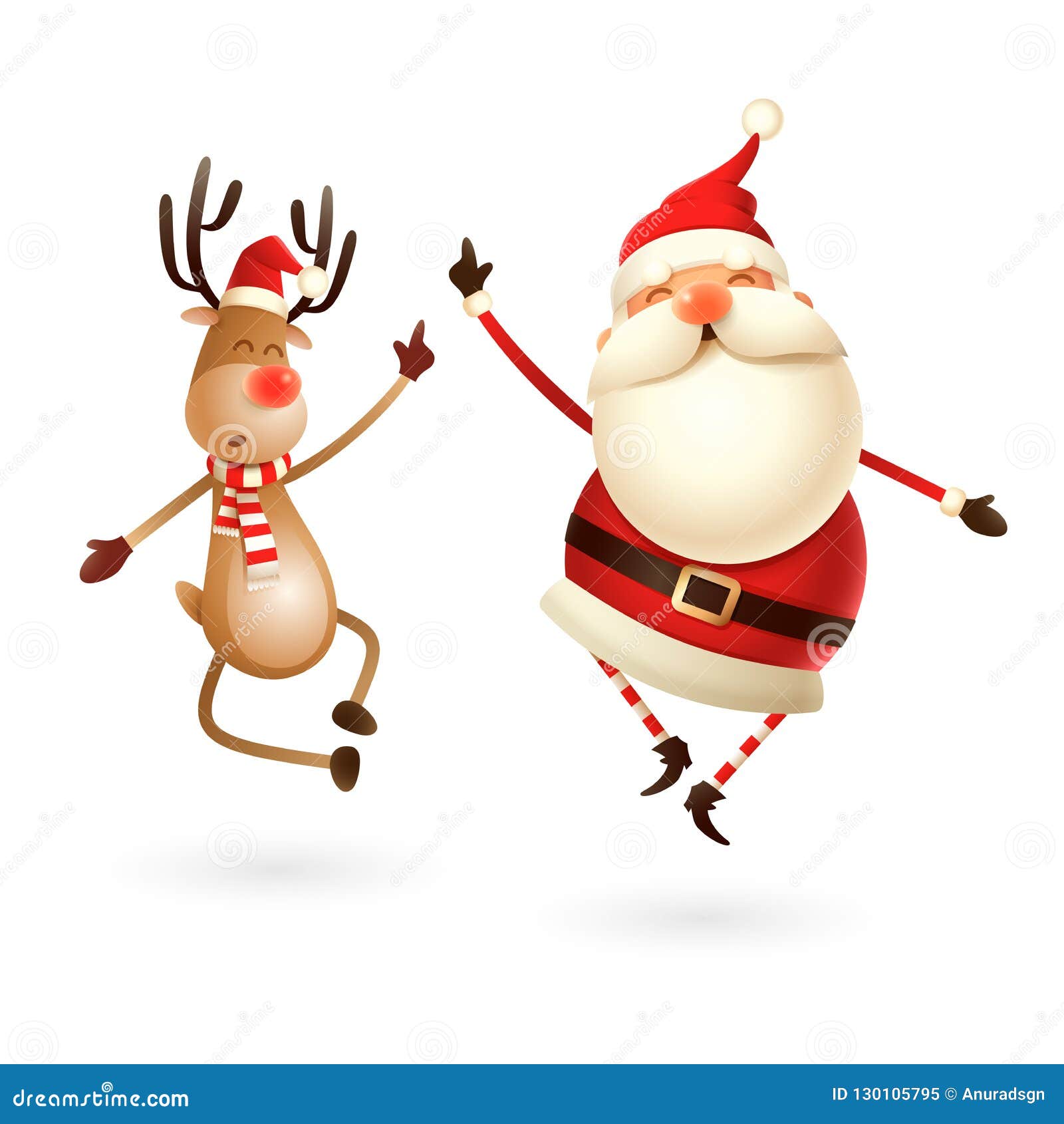 happy expresion of santa claus and reindeer - they jumping straight up and bring their heels clapping together right under